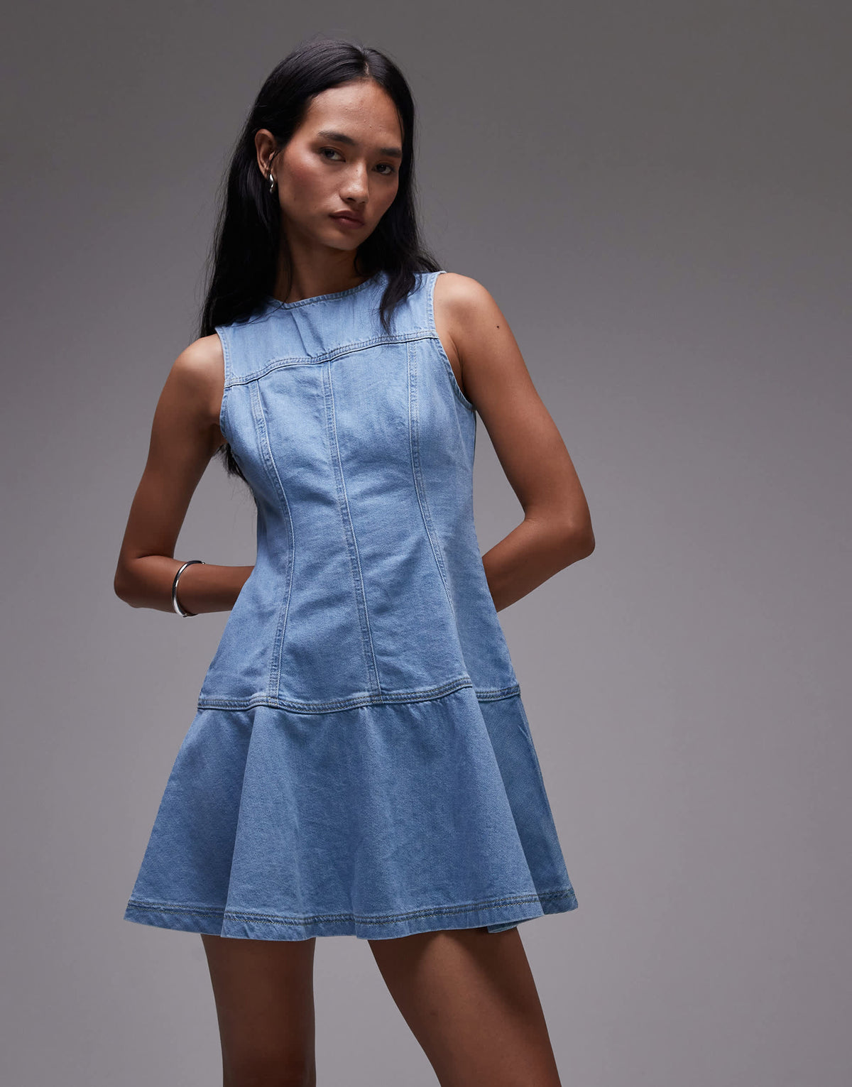 Topshop denim seamed flippy mini dress in mid blue