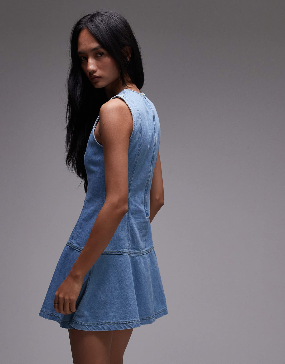Topshop denim seamed flippy mini dress in mid blue