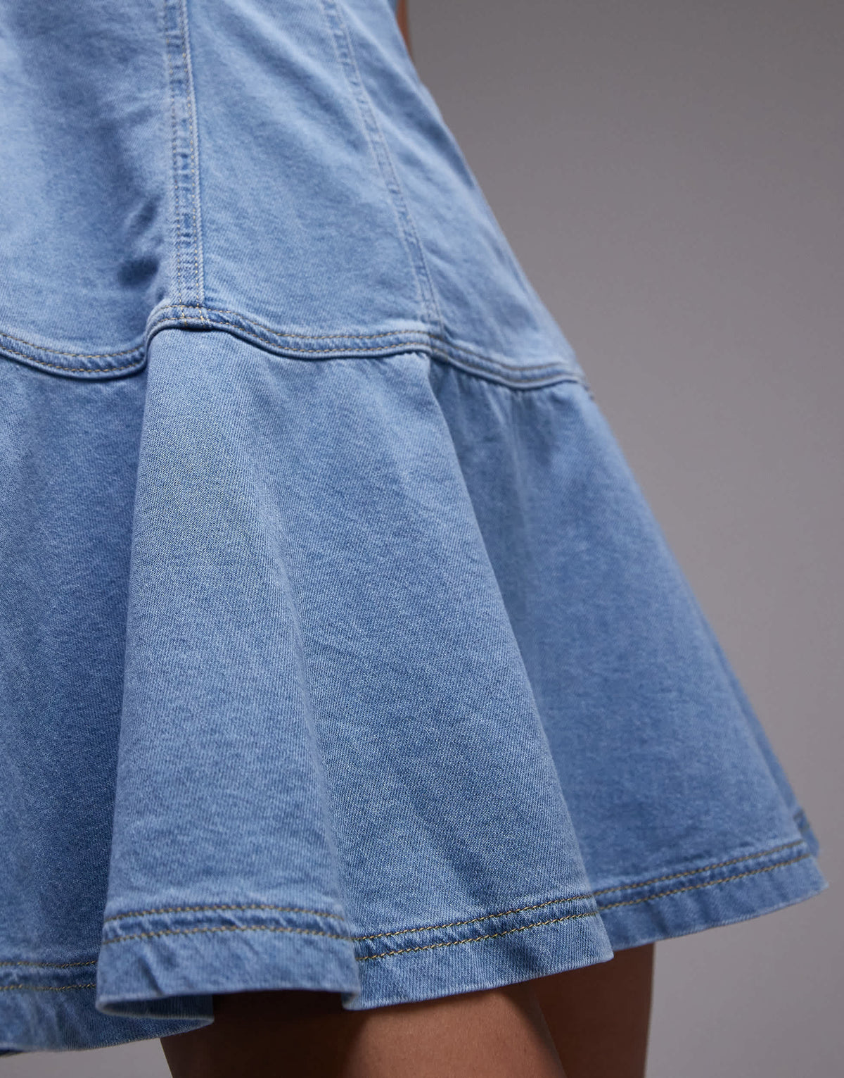 Topshop denim seamed flippy mini dress in mid blue