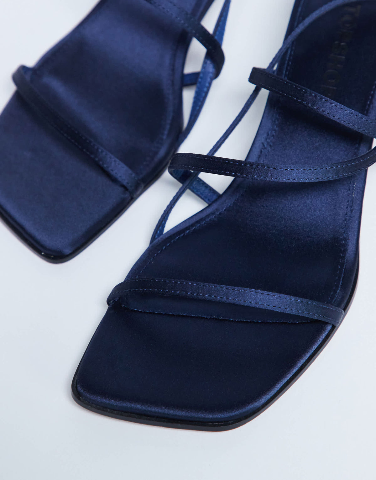 Topshop Autumn minimal mid heel sandal in navy satin