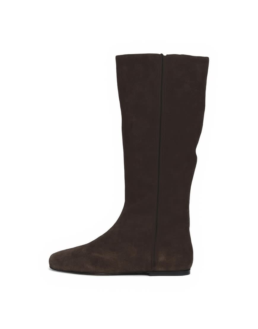 Topshop Tess real suede knee high flat boot in chocolate