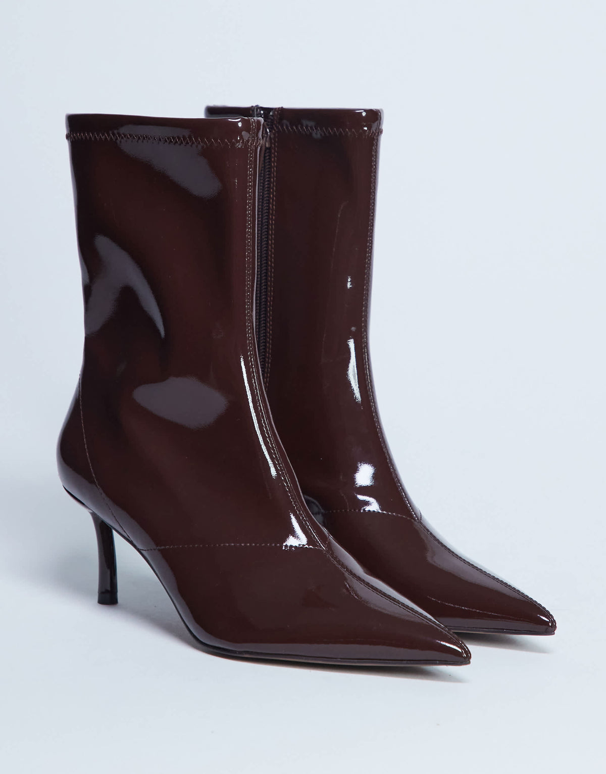 Topshop Pippa point toe stretch ankle boot in patent chocolate