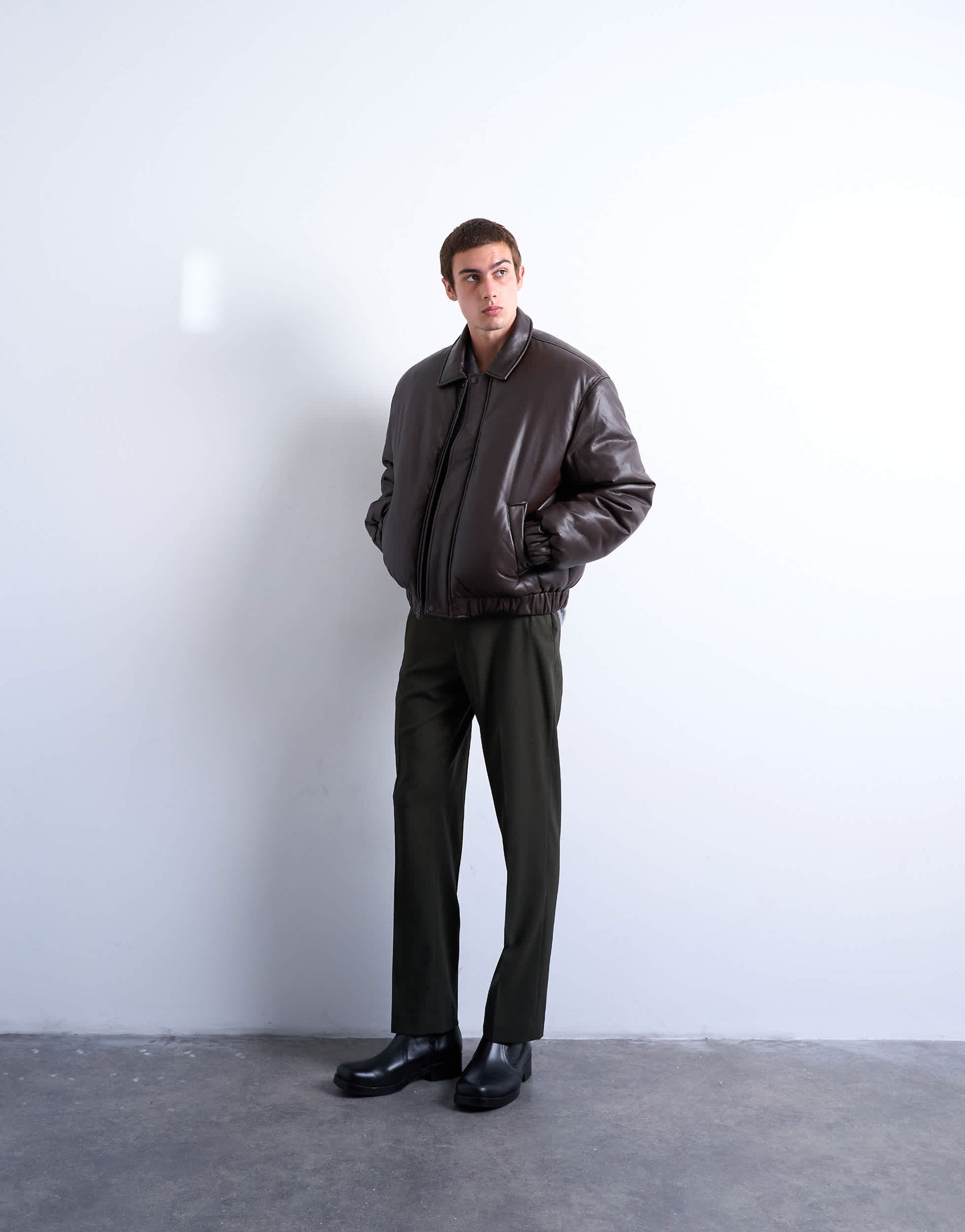 Topman faux leather puffer jacket in chocolate