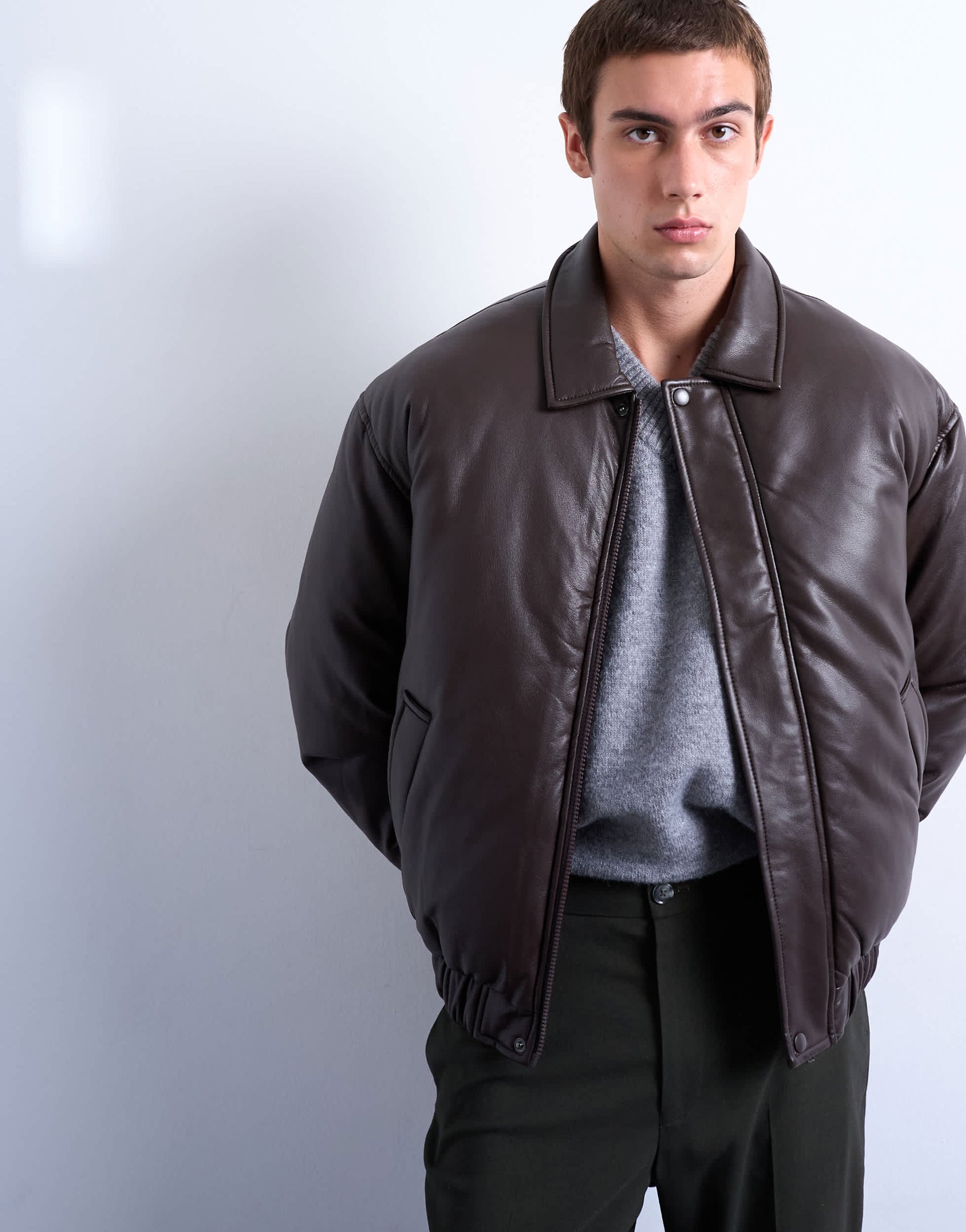 Topman faux leather puffer jacket in chocolate
