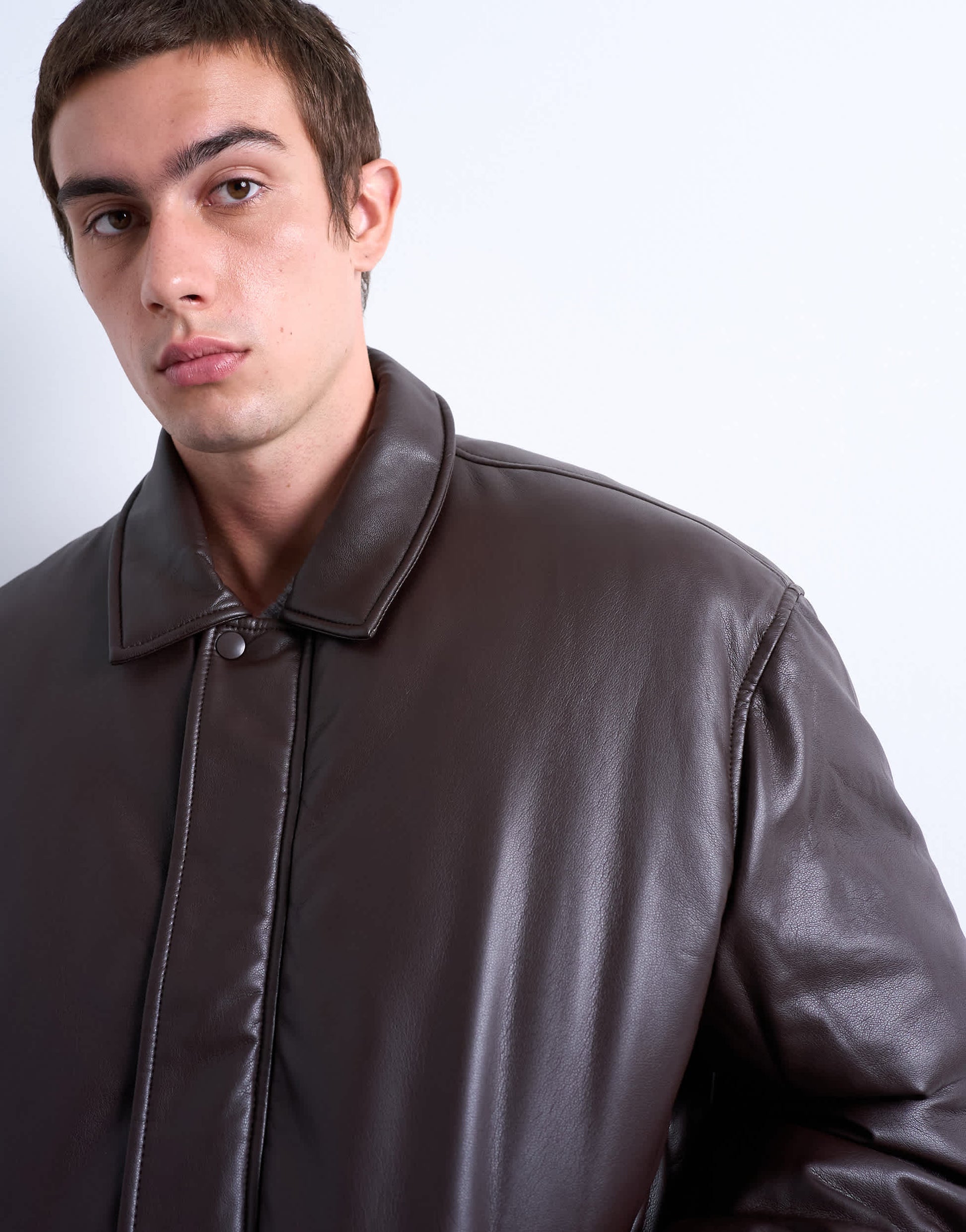 Topman faux leather puffer jacket in chocolate