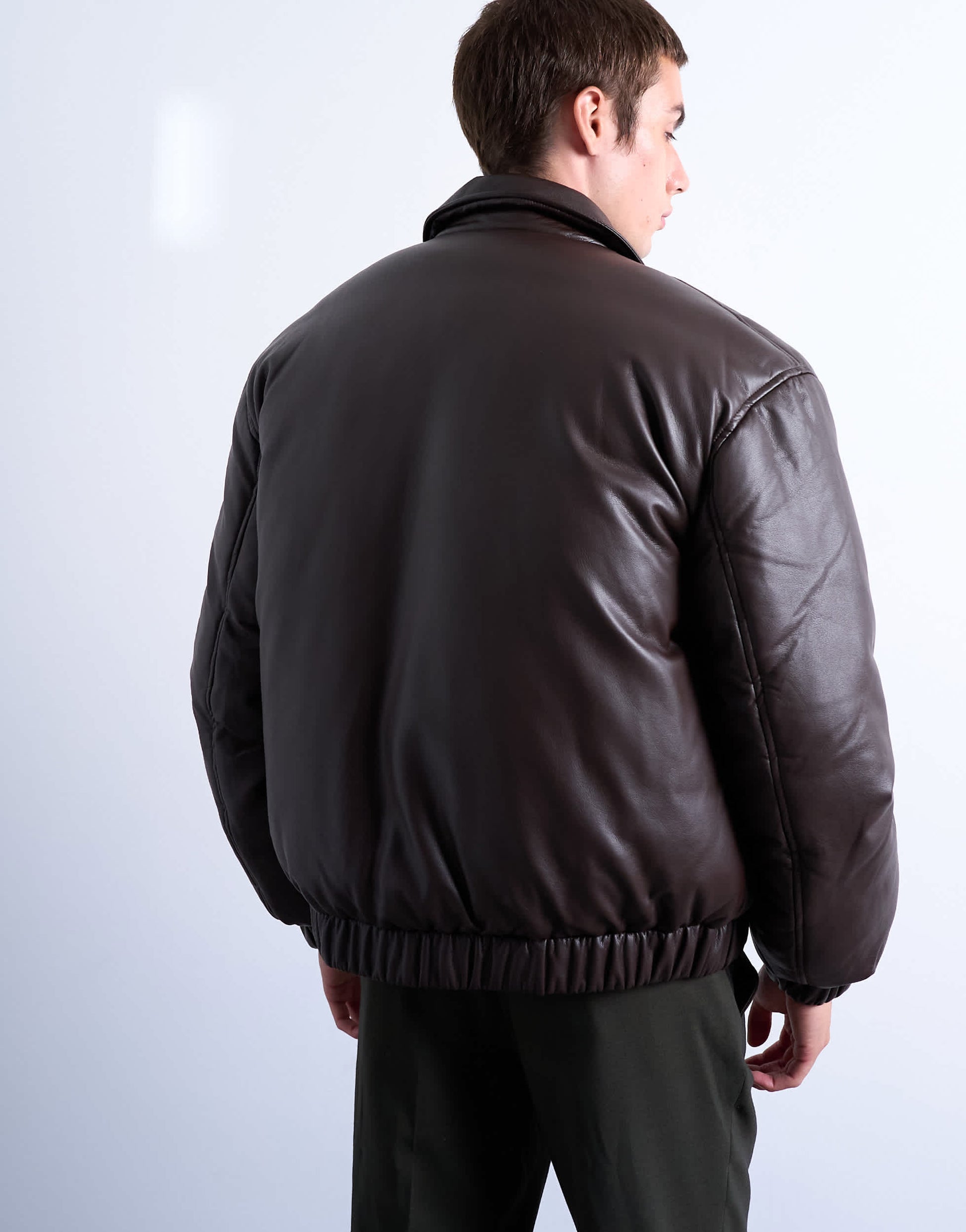 Topman faux leather puffer jacket in chocolate