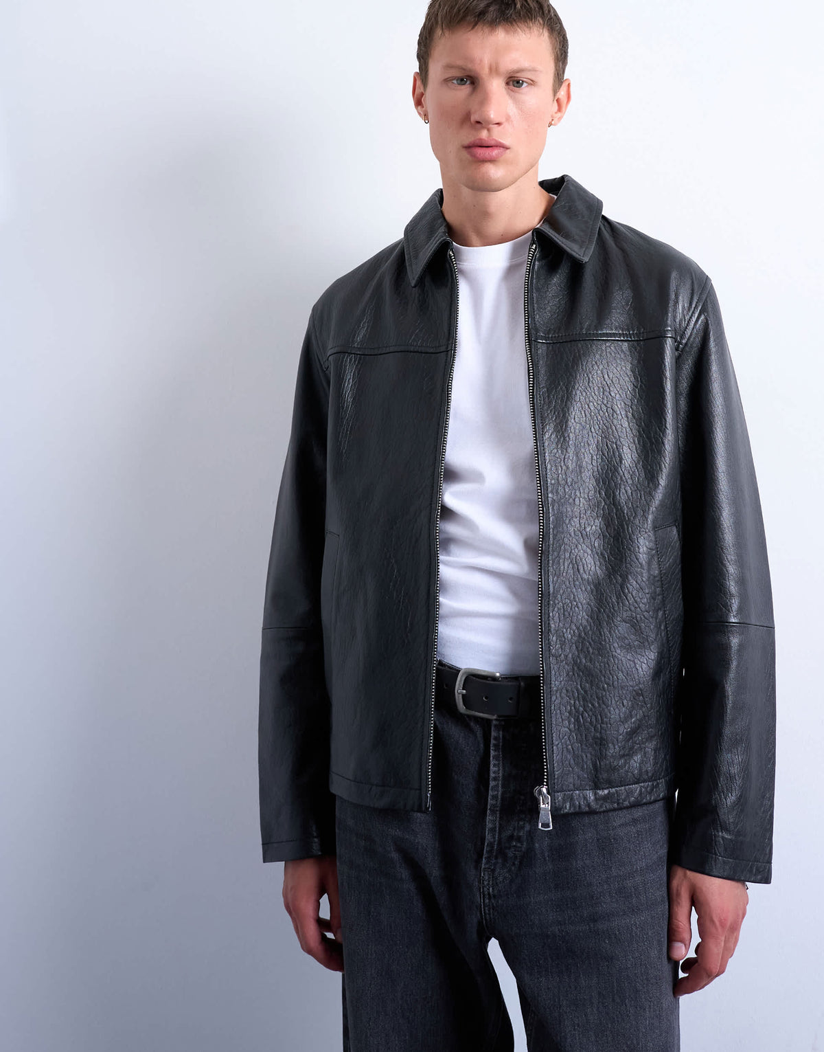 Topman real leather harrington jacket in black