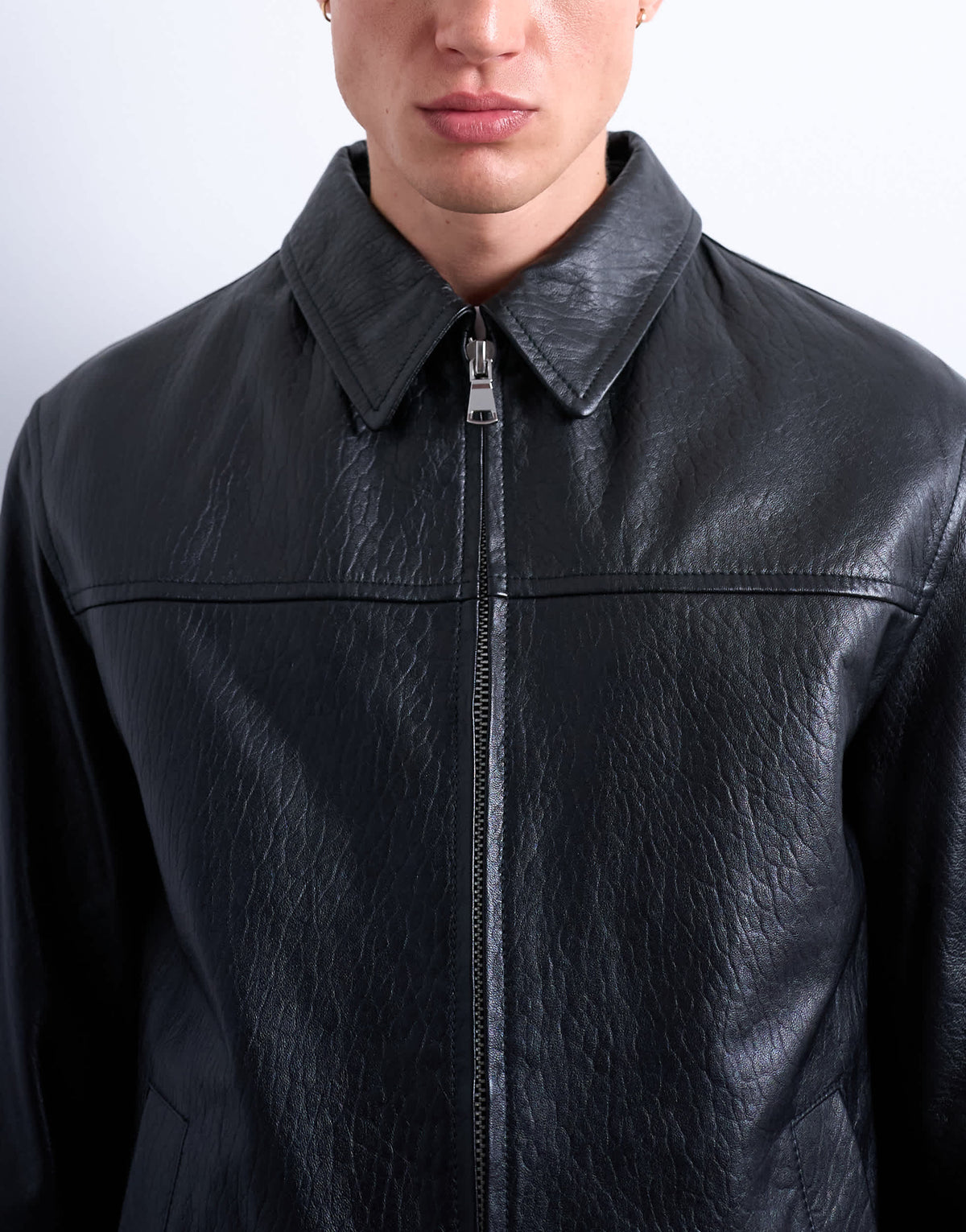 Topman real leather harrington jacket in black