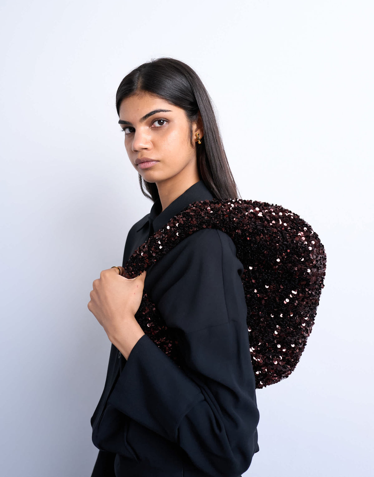 Topshop Santana scoop sequin shoulder bag in chocolate