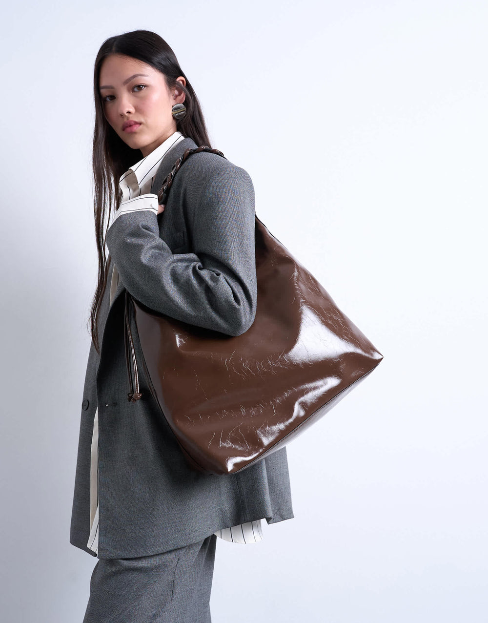 Topshop Tatum whipstitch tote bag in chocolate