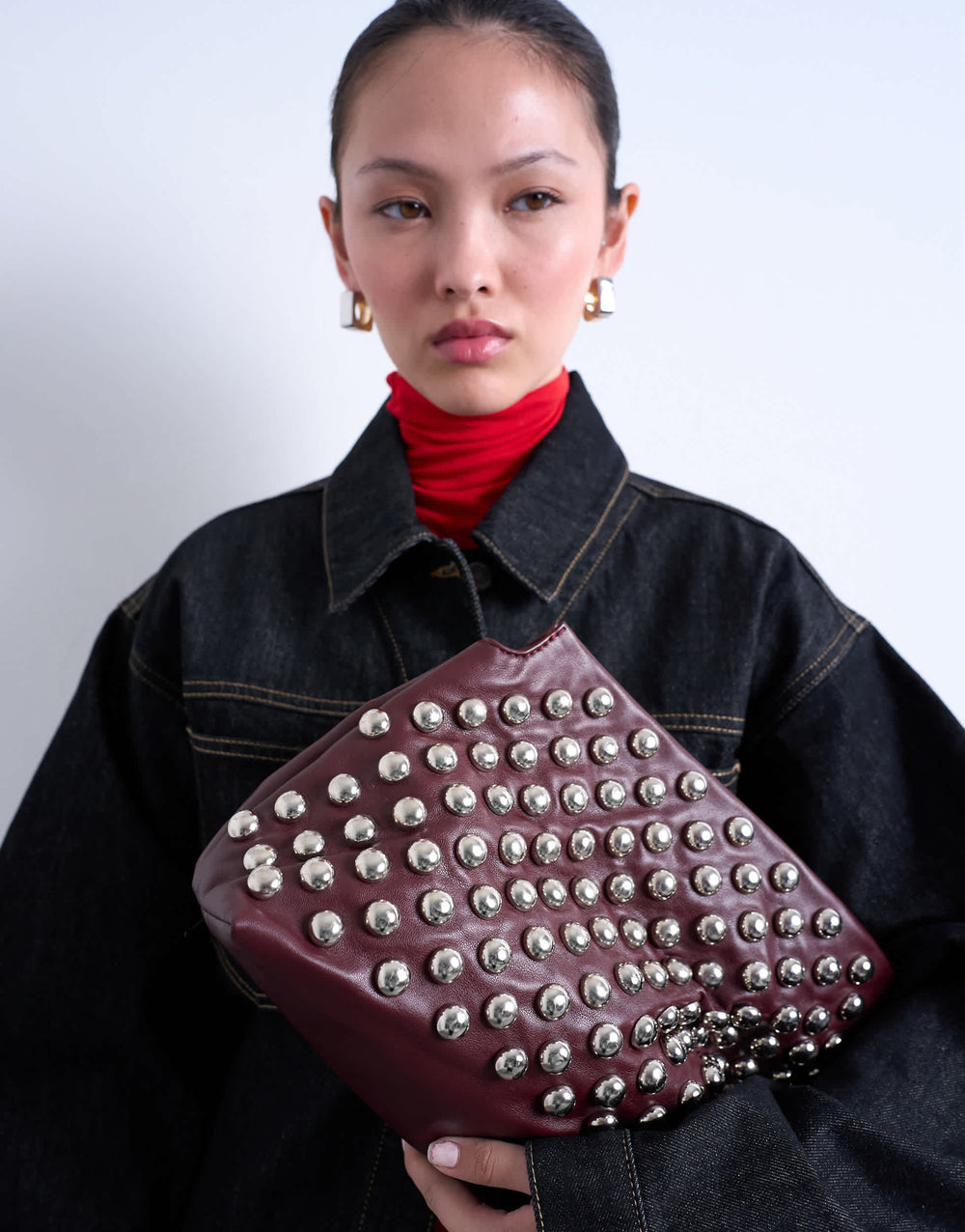 Topshop Gideon Clutch-Tasche mit Nieten in Burgunderrot