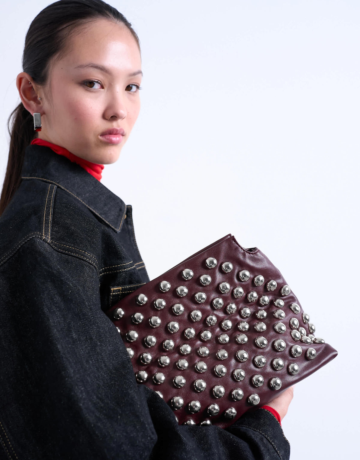 Topshop Gideon large studded clutch bag in burgundy