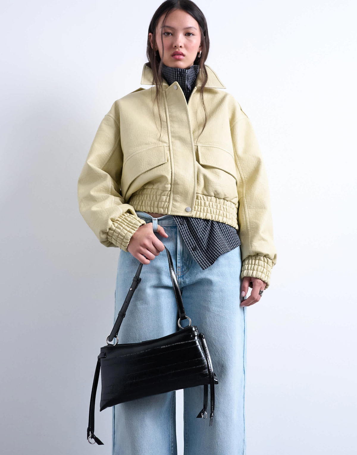 Topshop Saxon textured shoulder bag in black