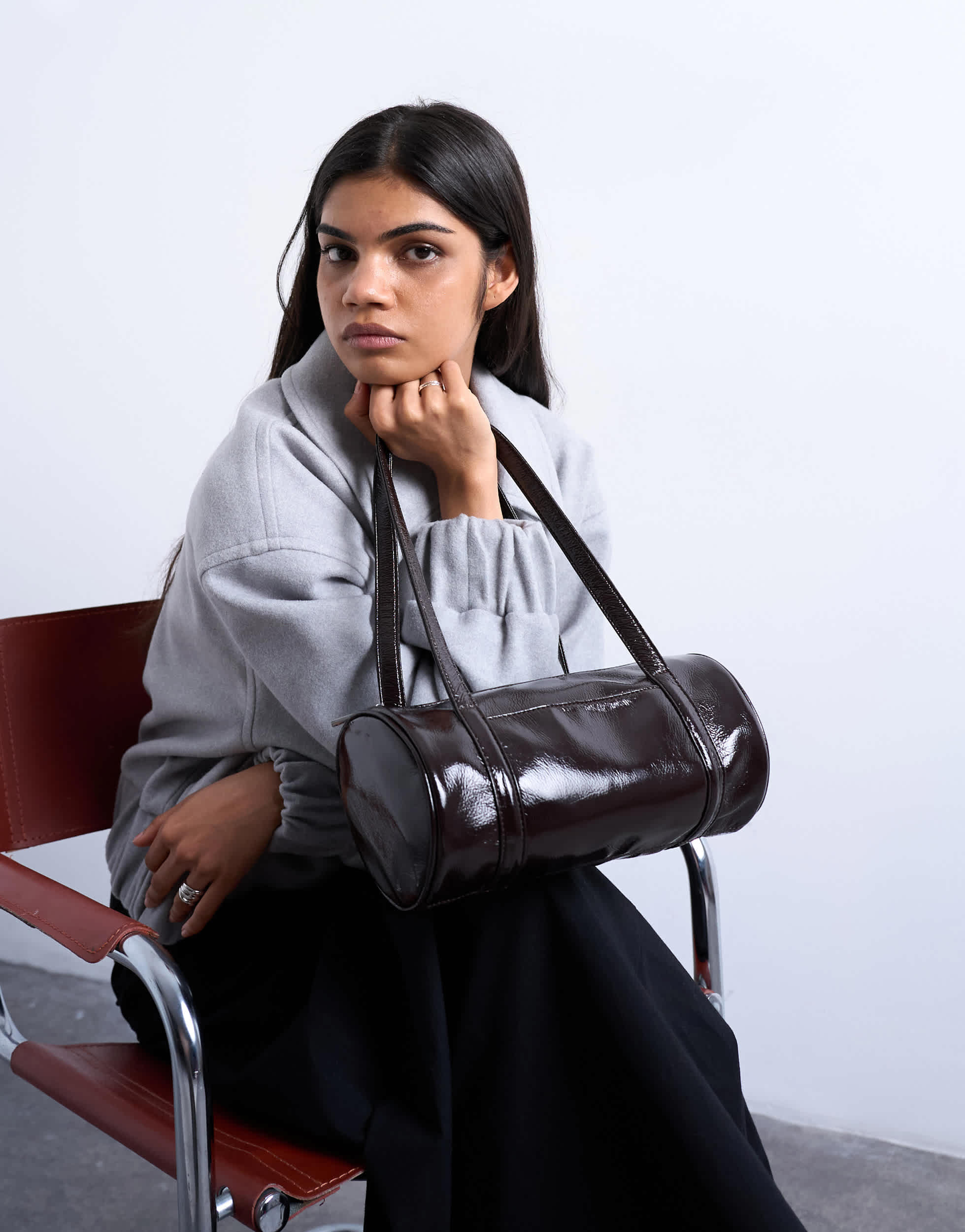 Topshop Salma bowler bag in chocolate patent