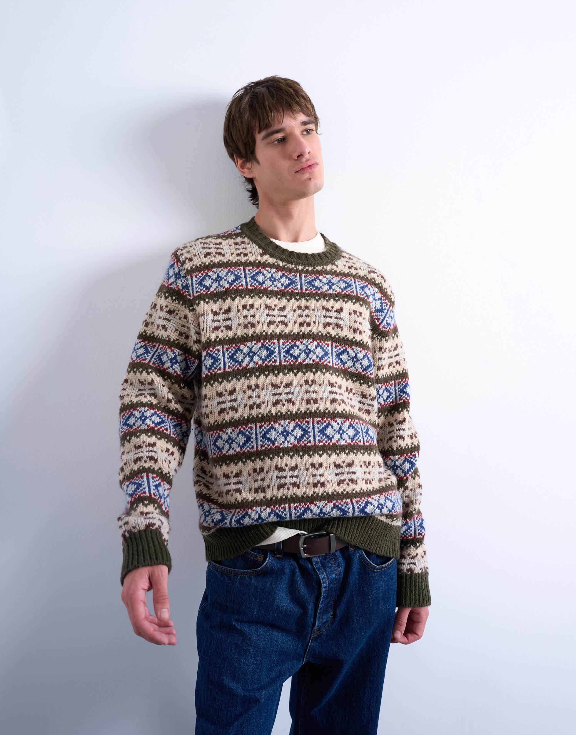 Pull col rond en maille jacquard Fair Isle Topman couleur kaki