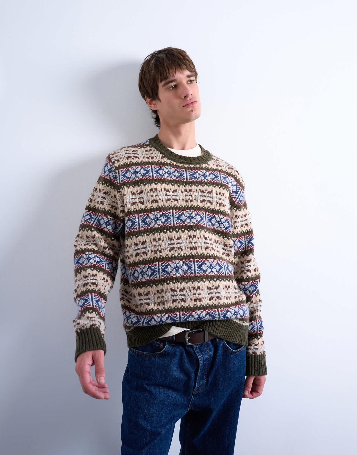 Topman fair isle knit crew neck jumper in khaki