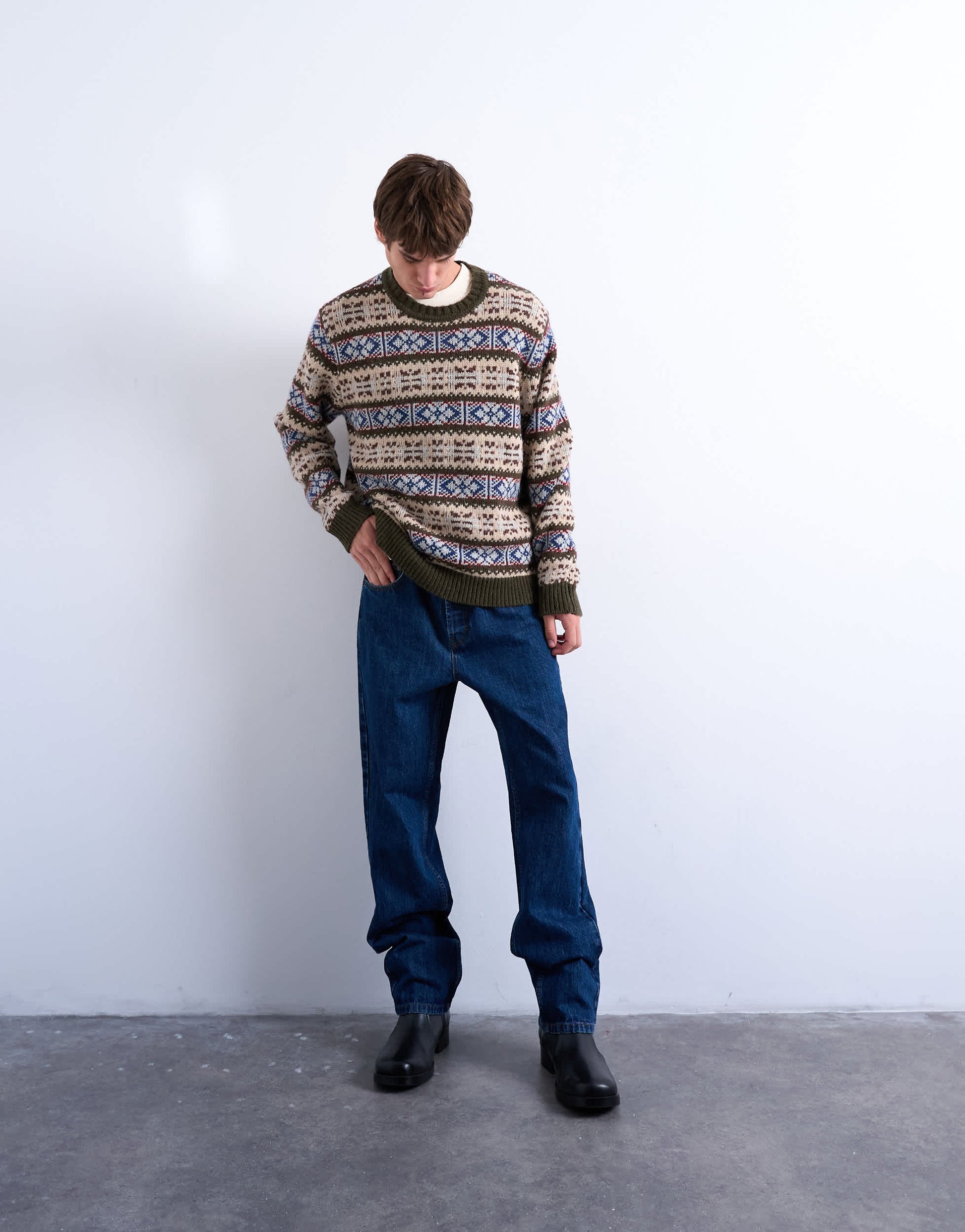 Topman fair isle knit crew neck jumper in khaki