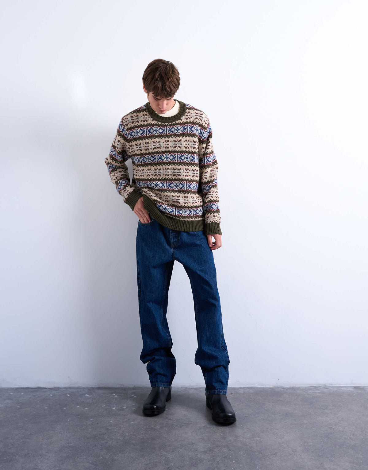 Topman fair isle knit crew neck jumper in khaki
