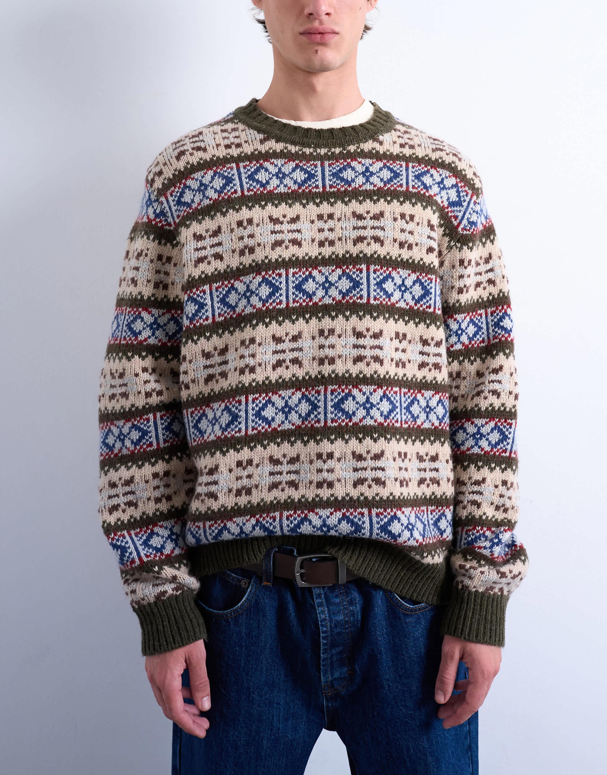 Topman fair isle knit crew neck jumper in khaki