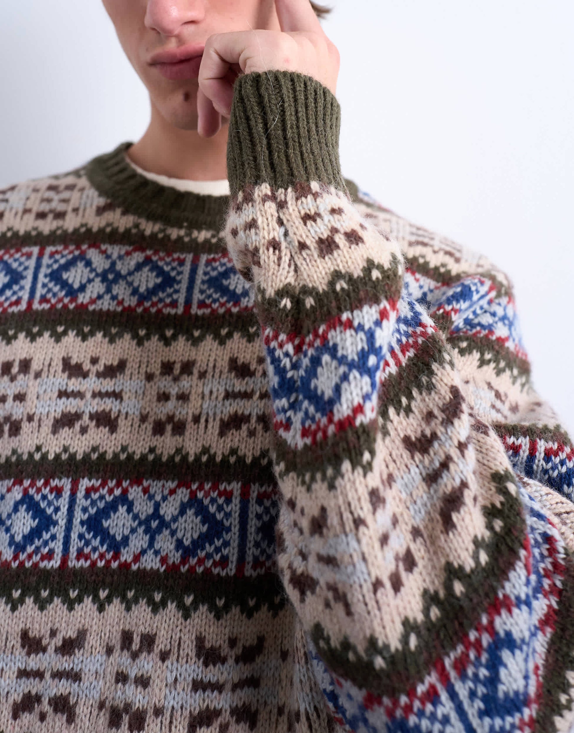 Topman fair isle knit crew neck jumper in khaki
