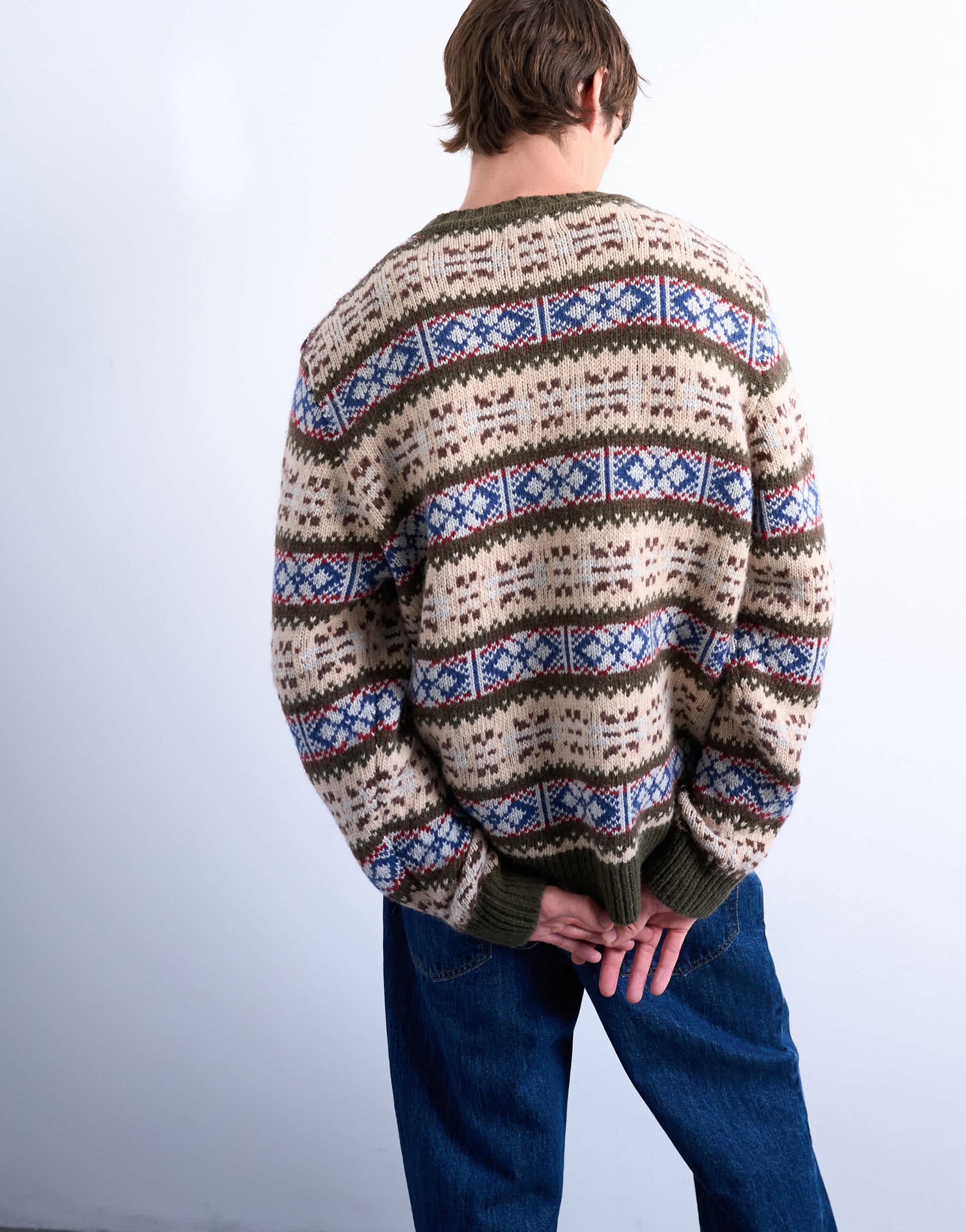 Topman fair isle knit crew neck jumper in khaki