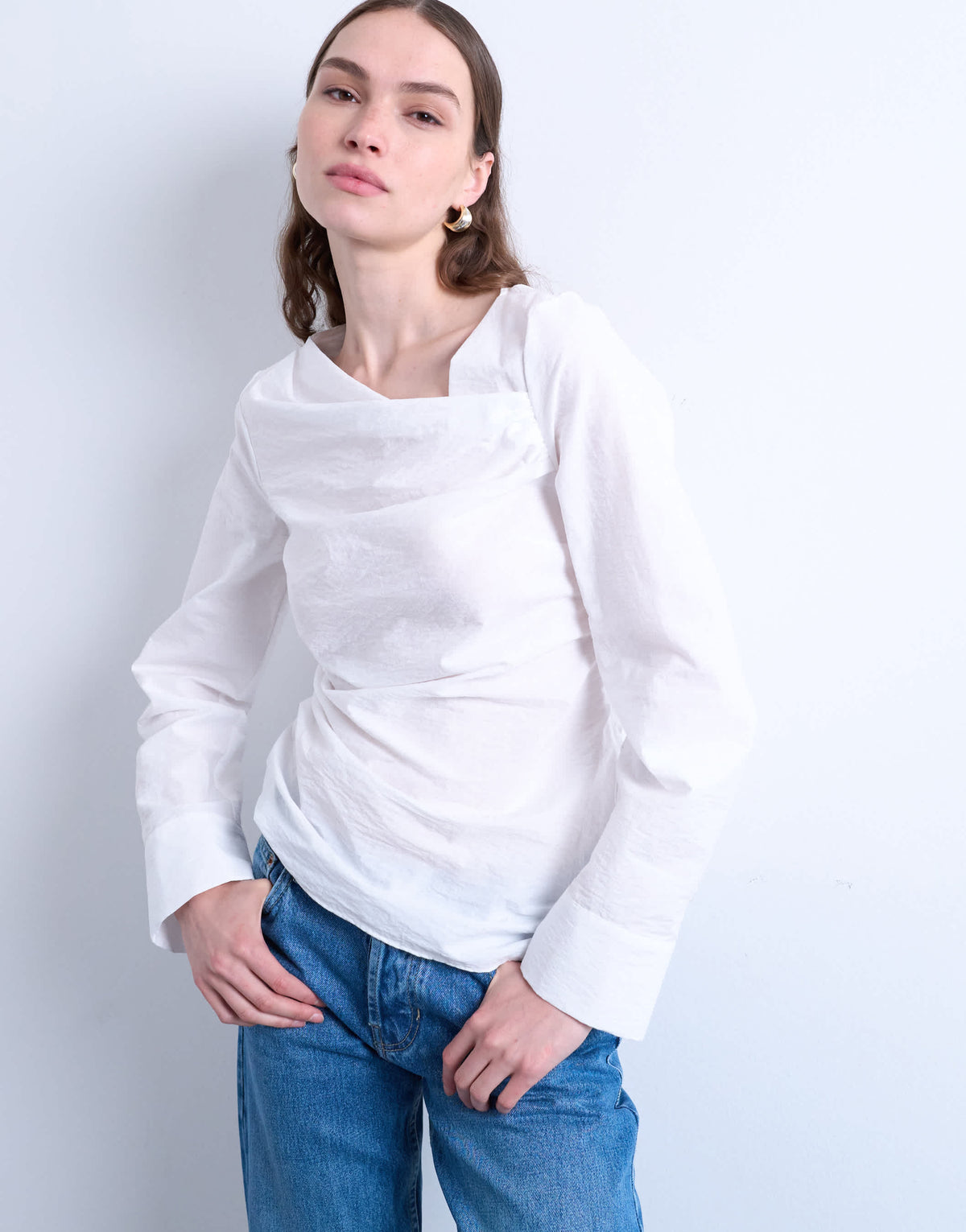 Topshop drape neck long sleeve top in white