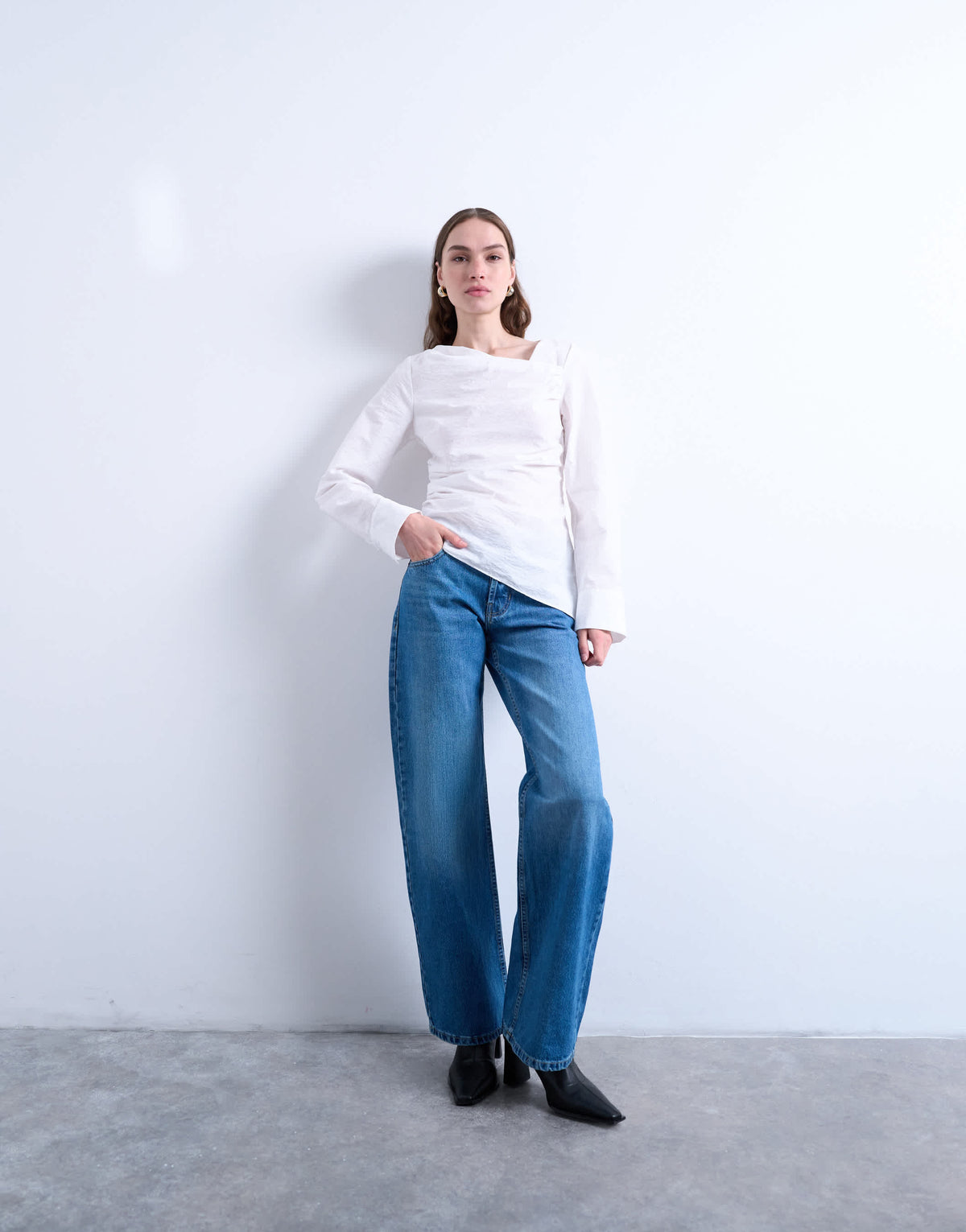 Topshop drape neck long sleeve top in white