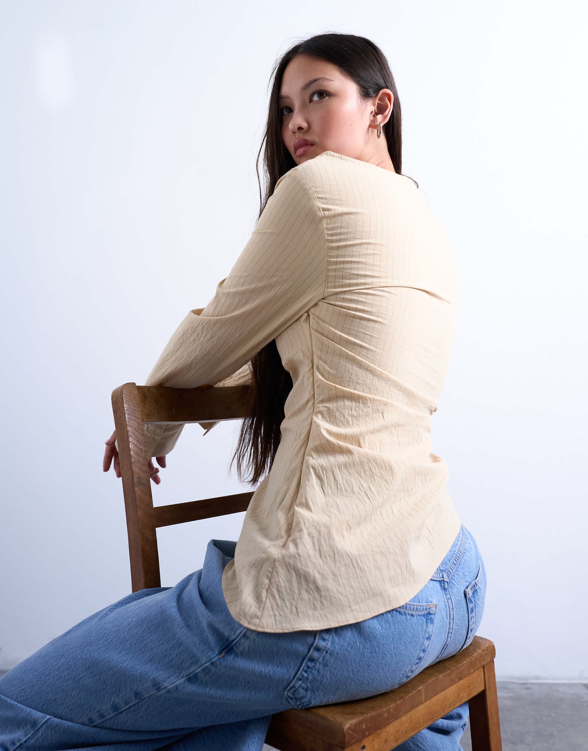 Topshop drape neck long sleeve top in yellow stripe