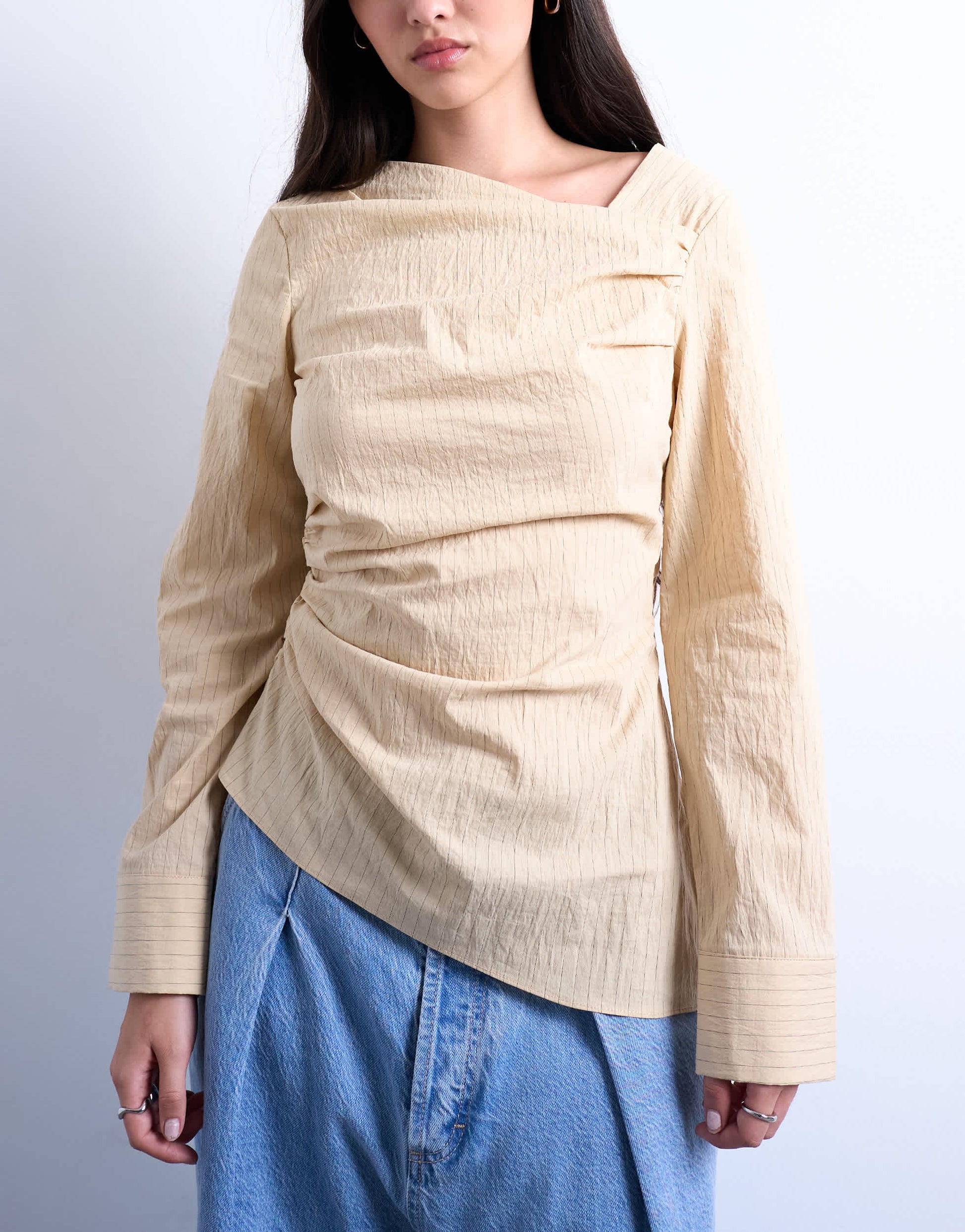 Topshop drape neck long sleeve top in yellow stripe