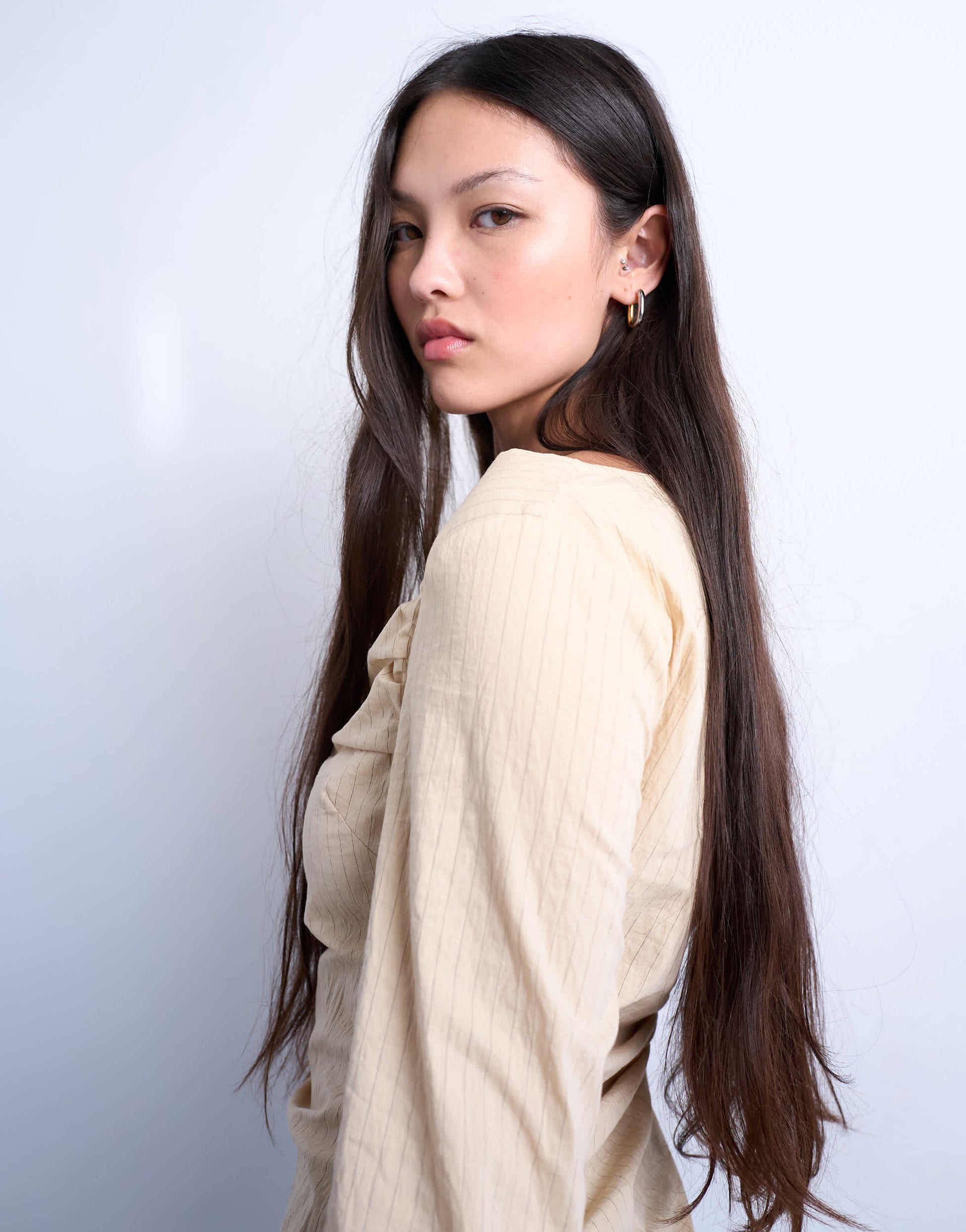 Topshop drape neck long sleeve top in yellow stripe