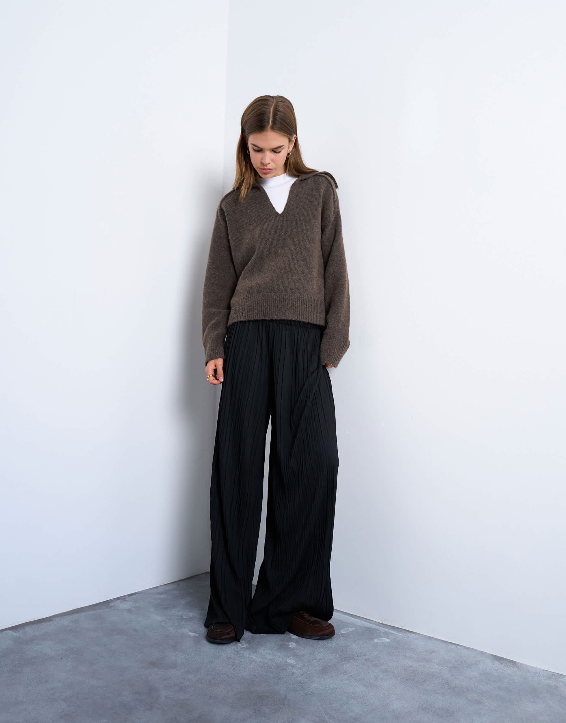 Topshop crinkle wide leg trousers in black