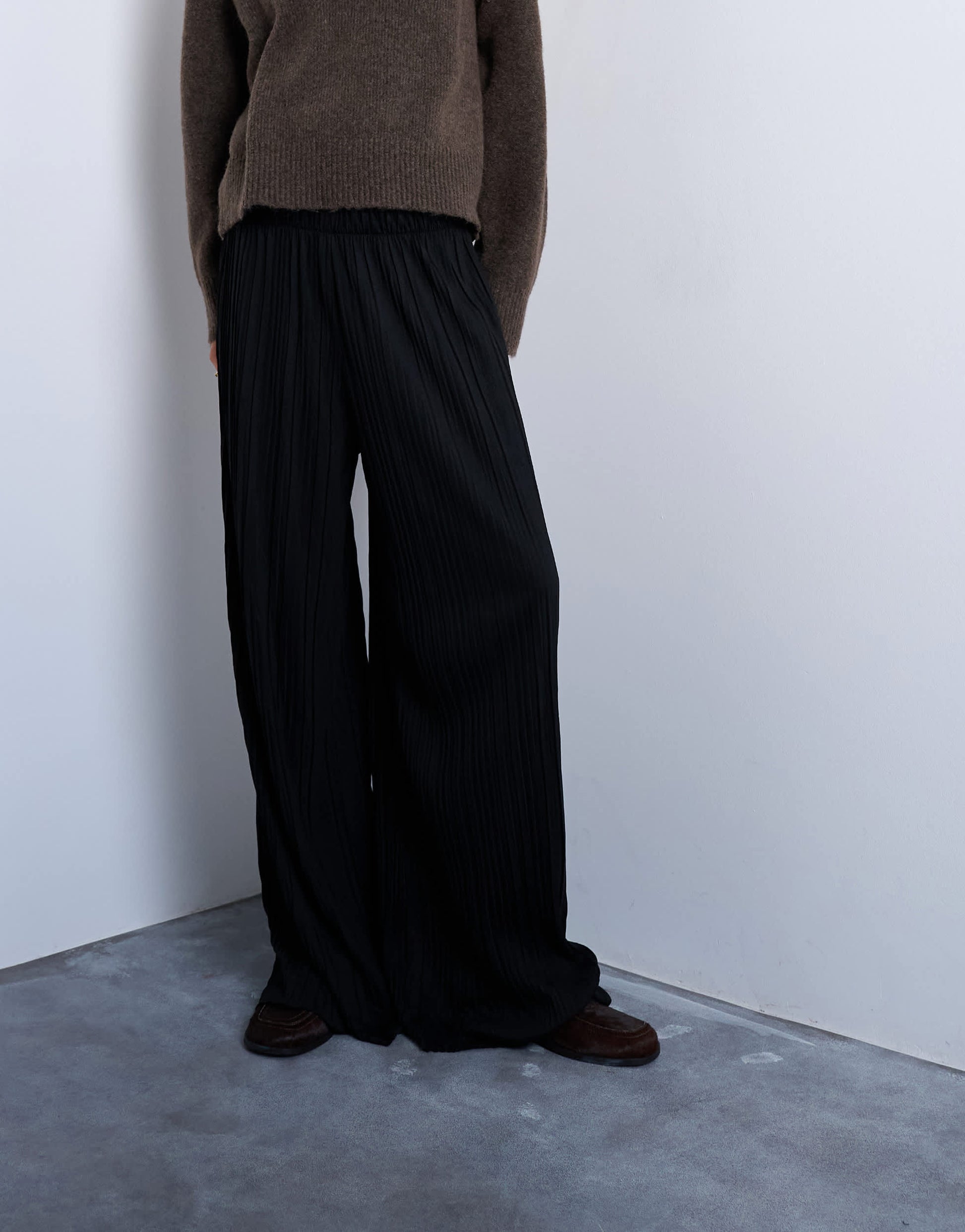 Topshop crinkle wide leg trousers in black