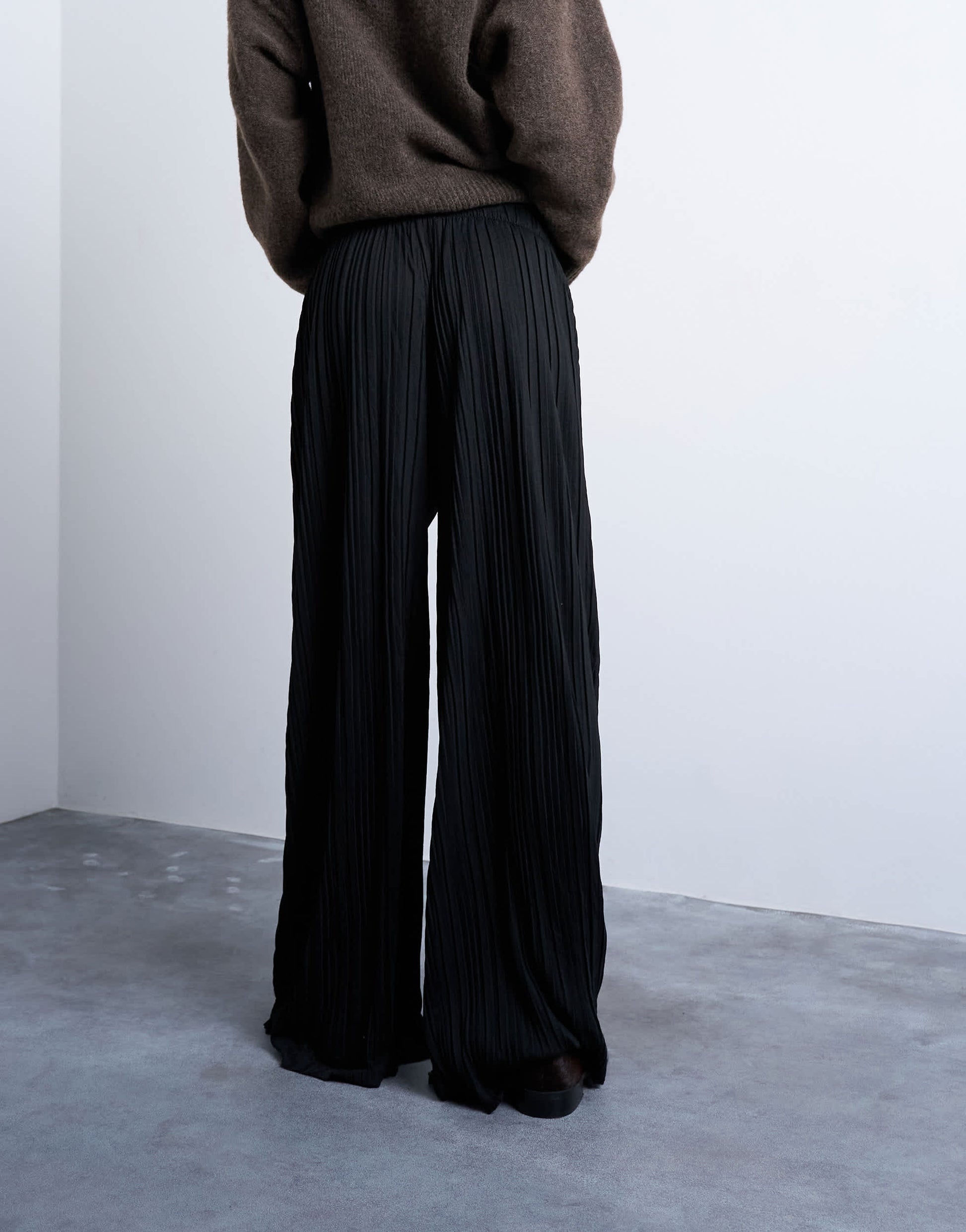 Topshop crinkle wide leg trousers in black