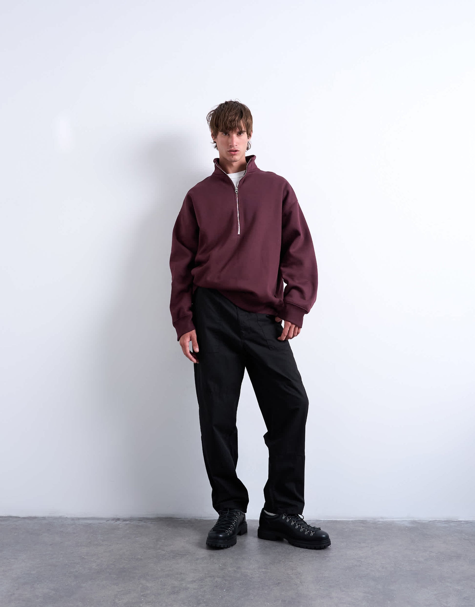 Topman premium oversized fit 1/4 zip funnel neck in burgundy