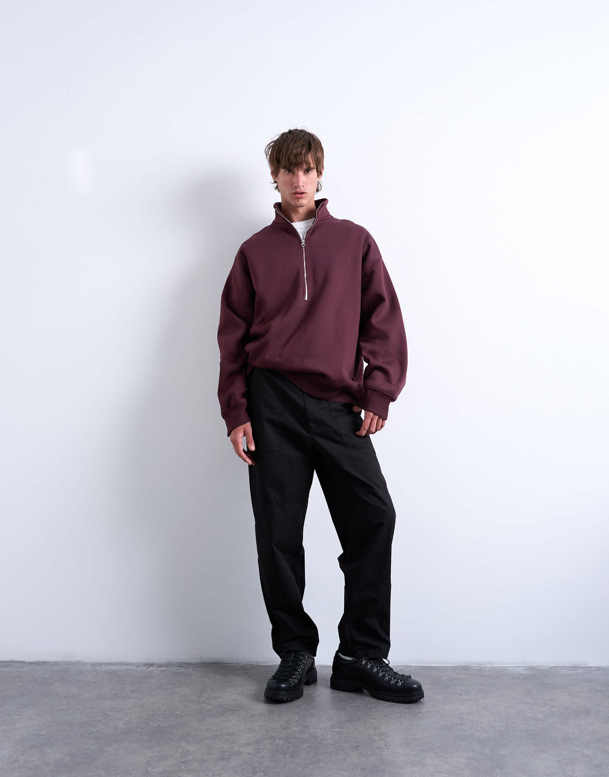 Topman premium oversized fit 1/4 zip funnel neck in burgundy