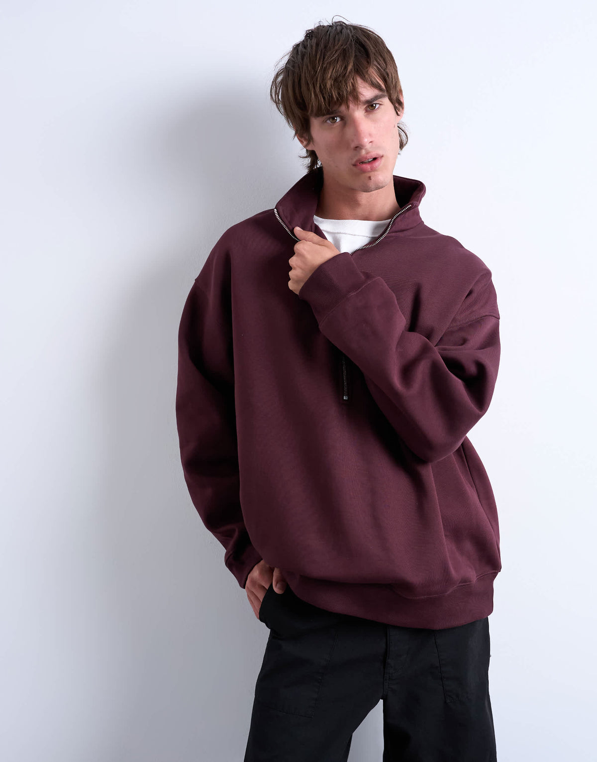 Topman premium oversized fit 1/4 zip funnel neck in burgundy