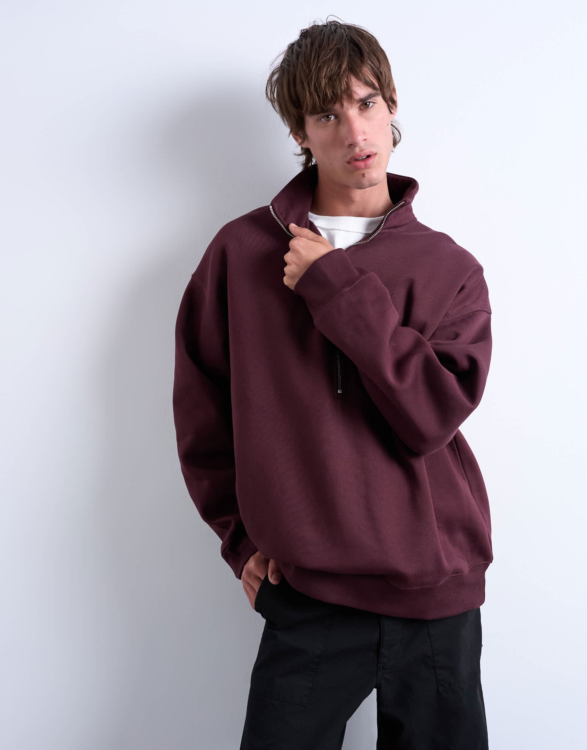 Topman premium oversized fit 1/4 zip funnel neck in burgundy