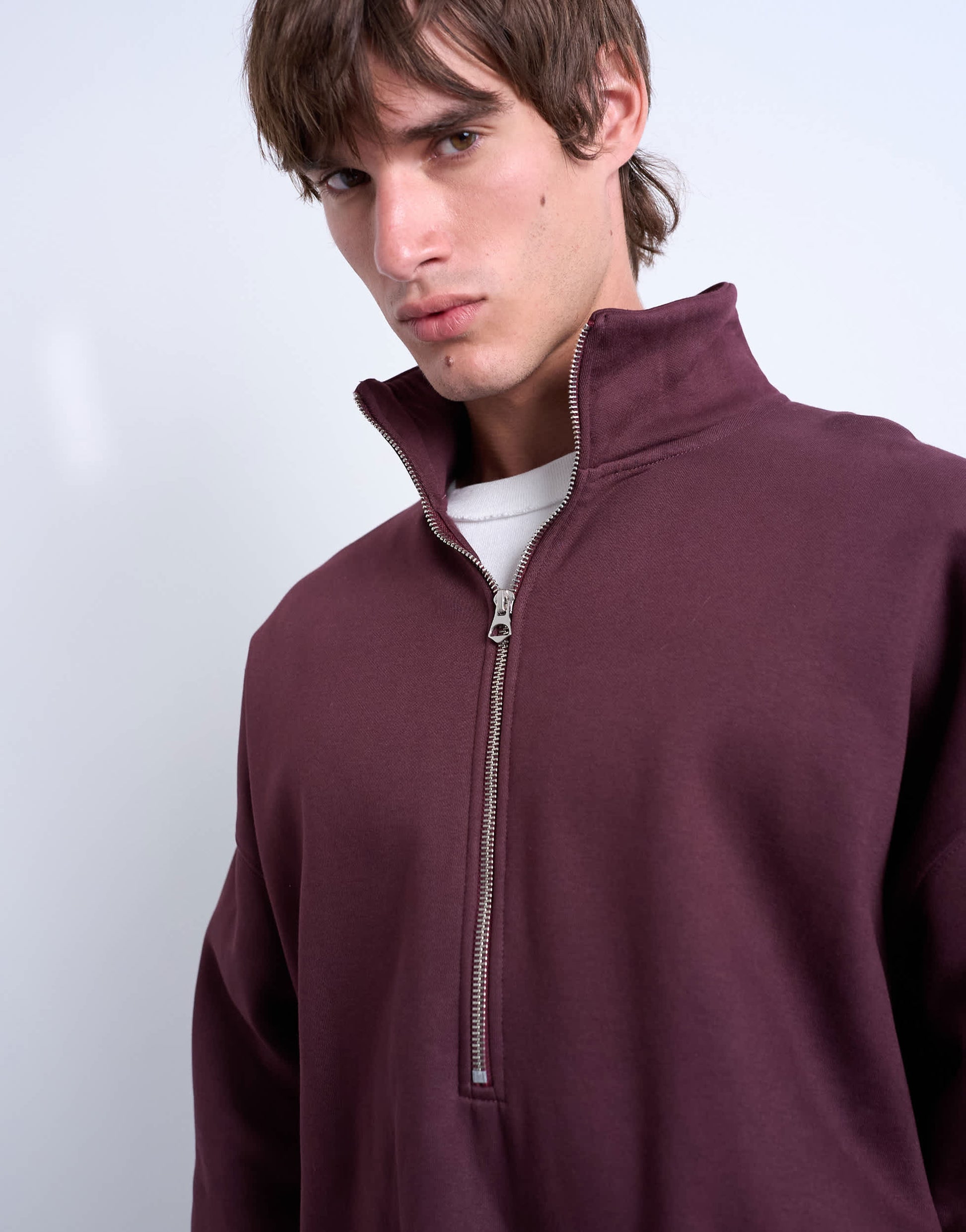 Topman premium oversized fit 1/4 zip funnel neck in burgundy