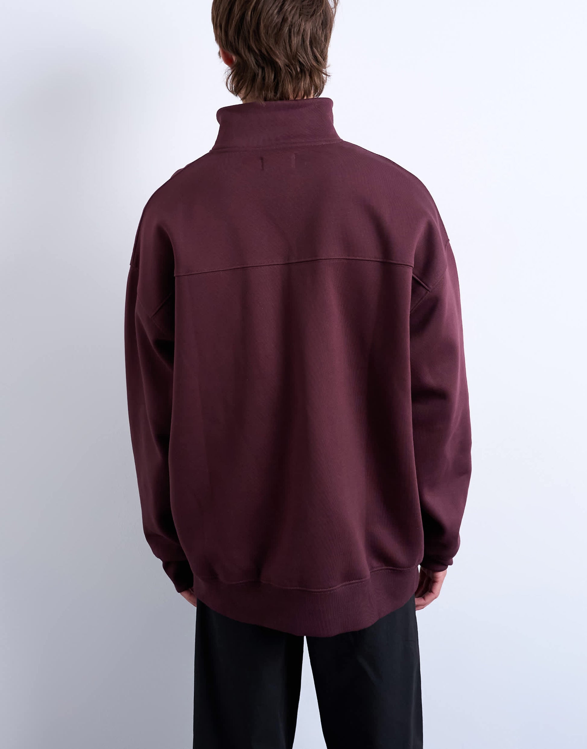 Topman premium oversized fit 1/4 zip funnel neck in burgundy