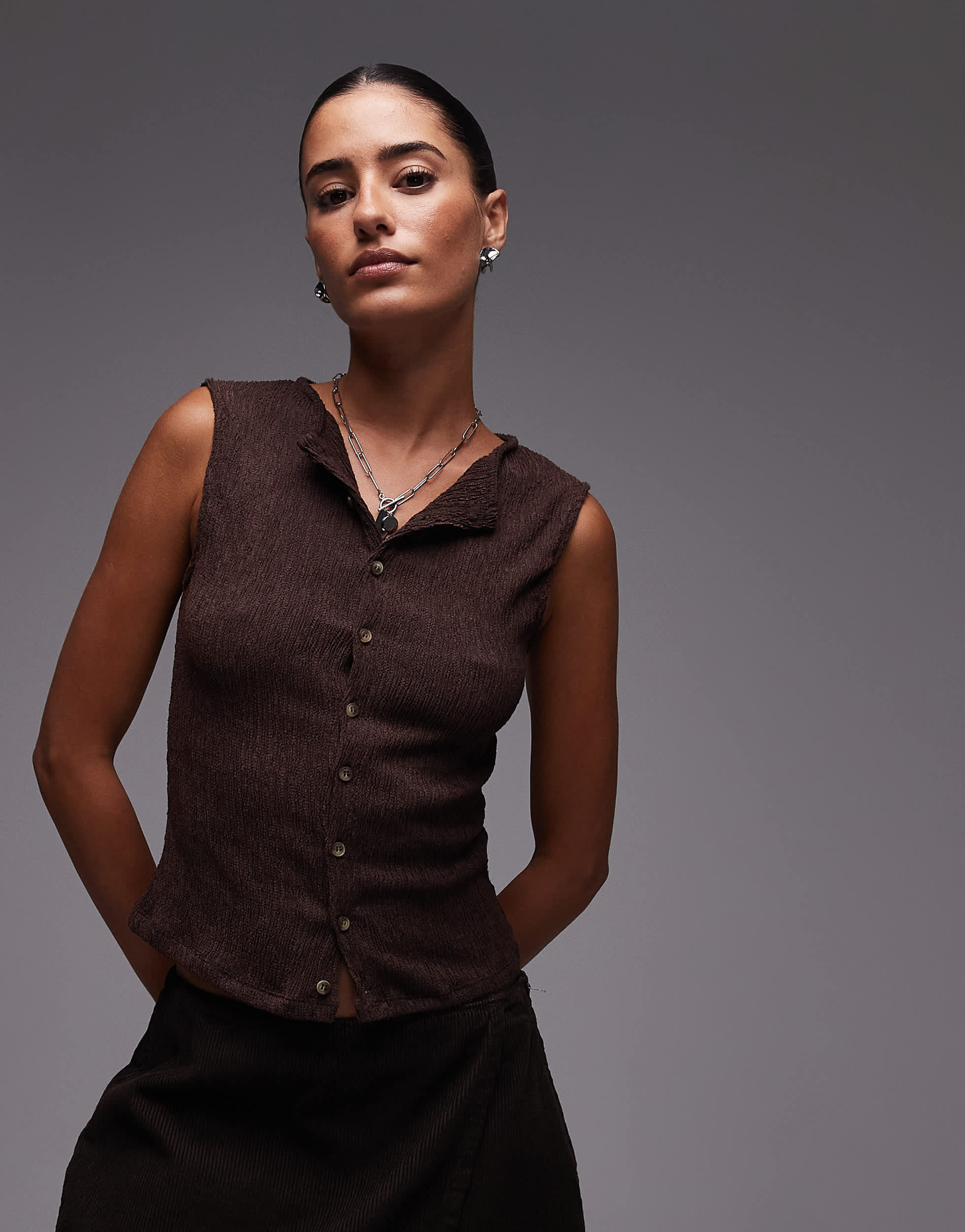 Topshop crinkle button down tank in chocolate brown
