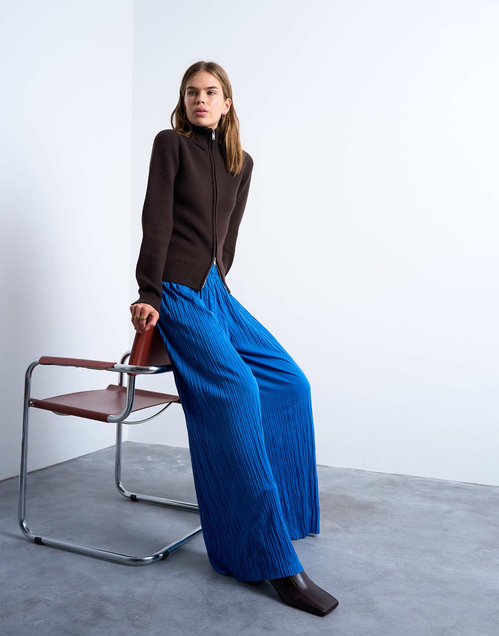 Topshop crinkle wide leg trousers in cobalt blue