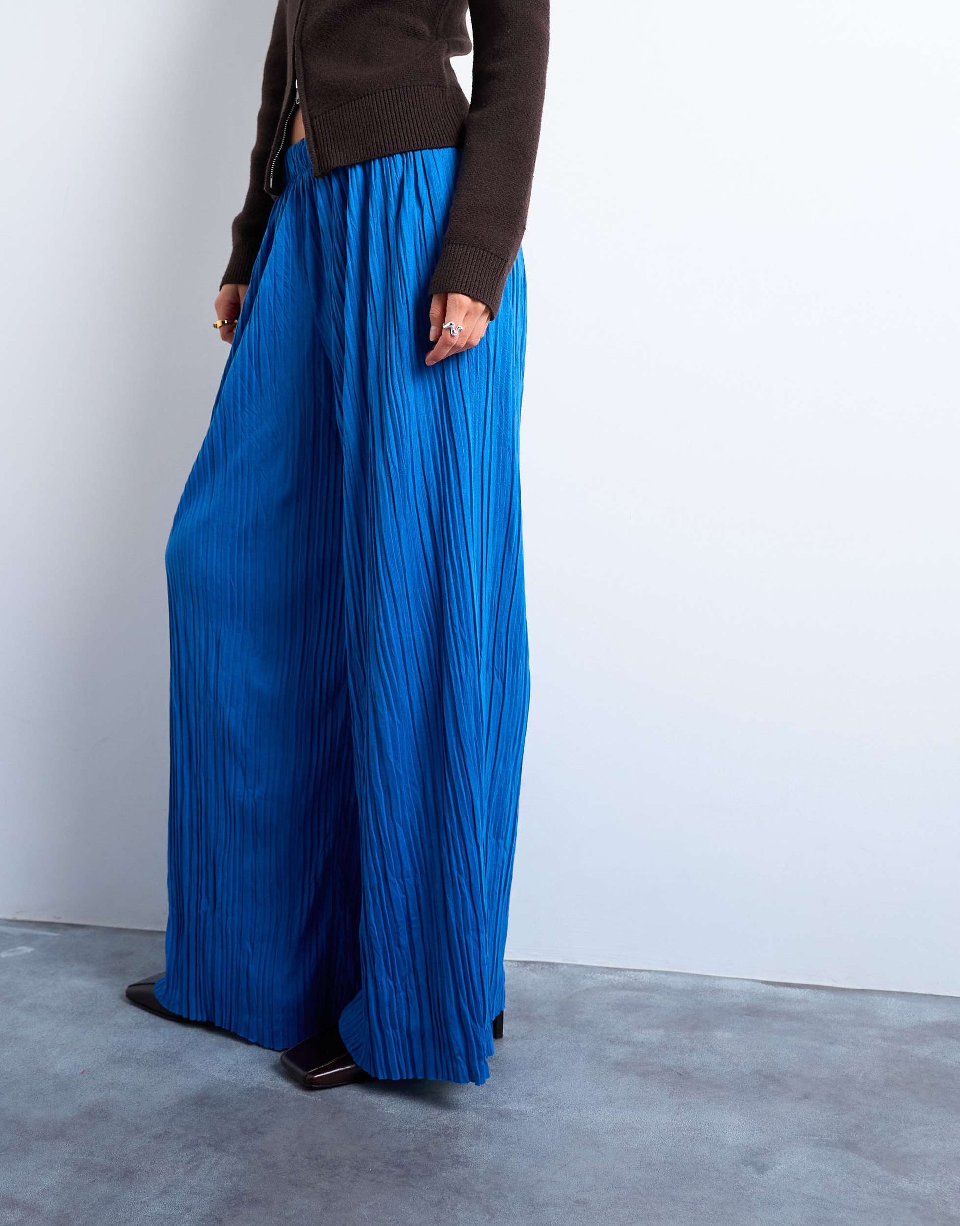 Topshop crinkle wide leg trousers in cobalt blue