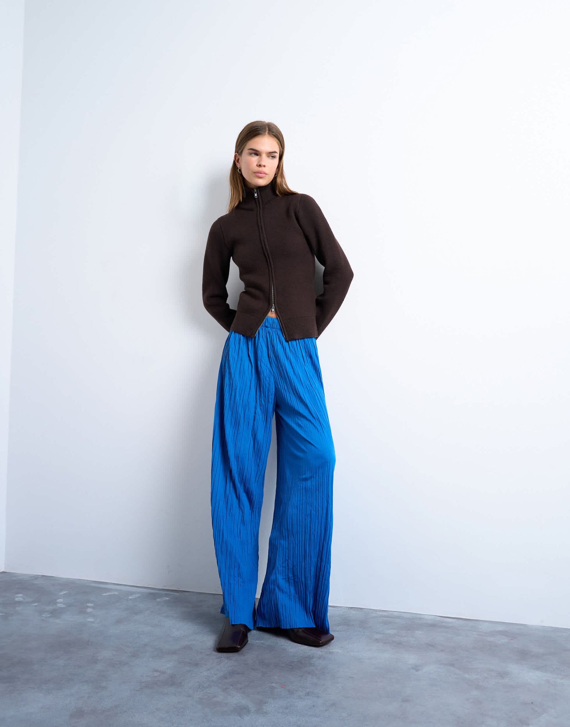 Topshop crinkle wide leg trousers in cobalt blue