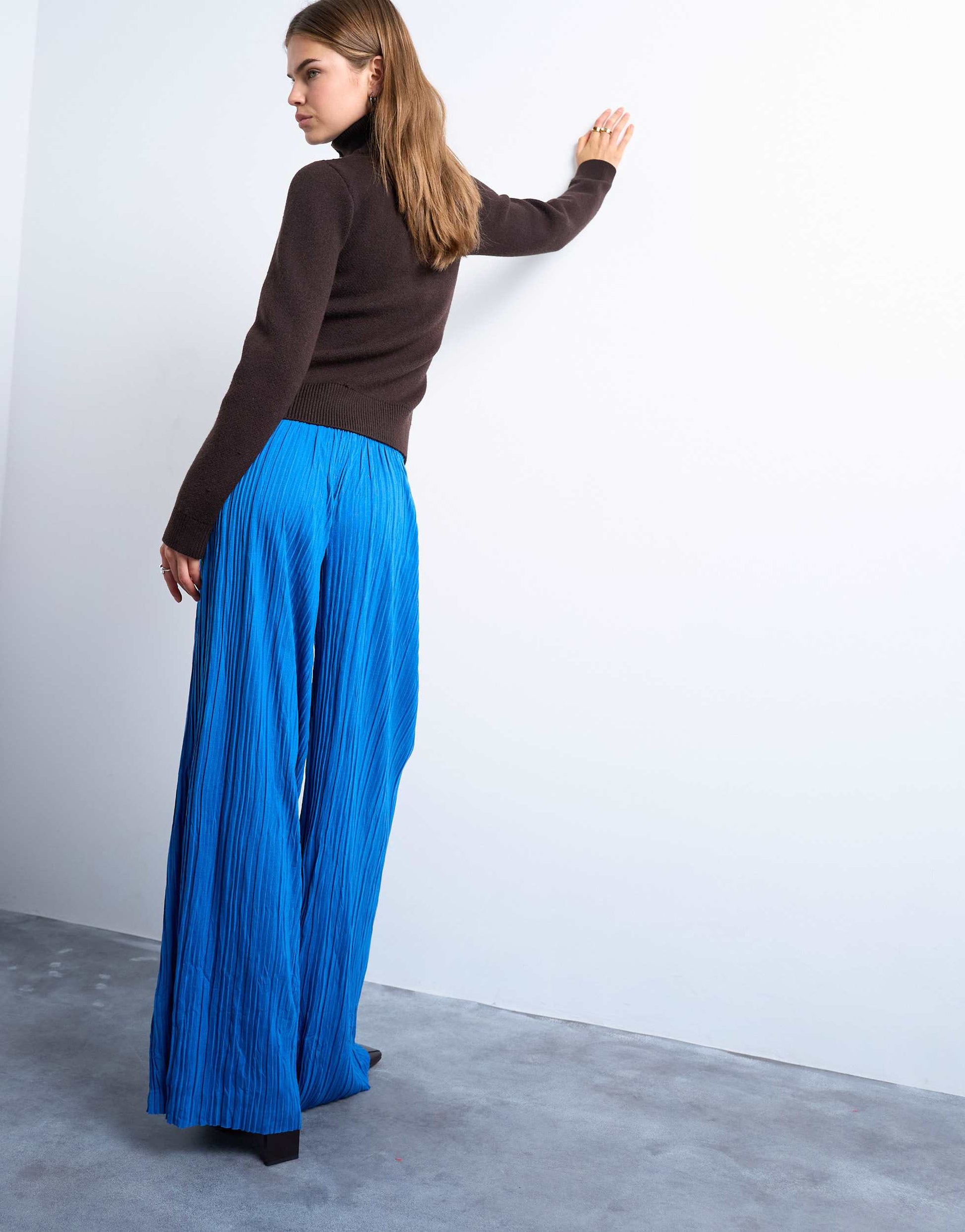 Topshop crinkle wide leg trousers in cobalt blue