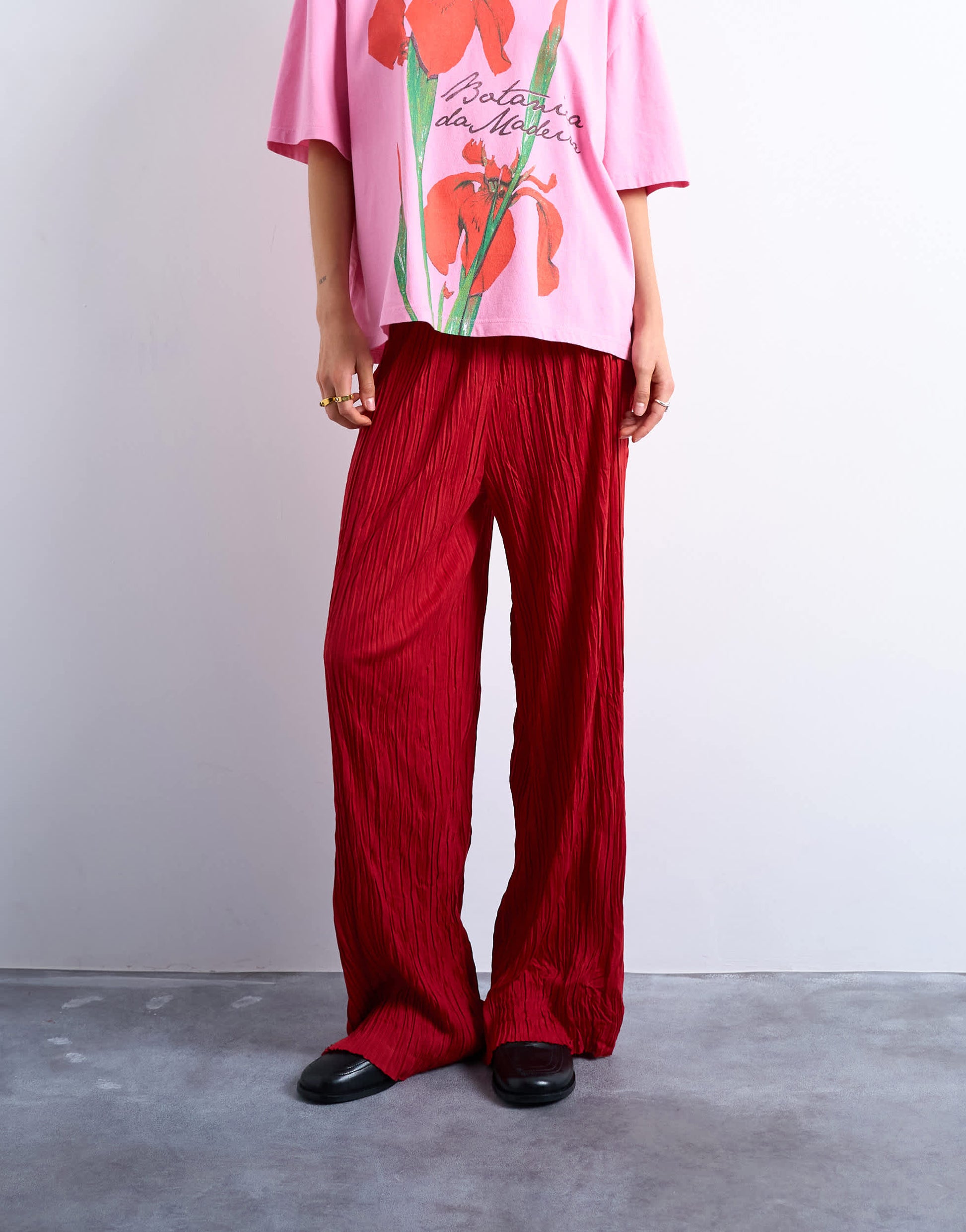 Topshop crinkle wide leg trousers in red