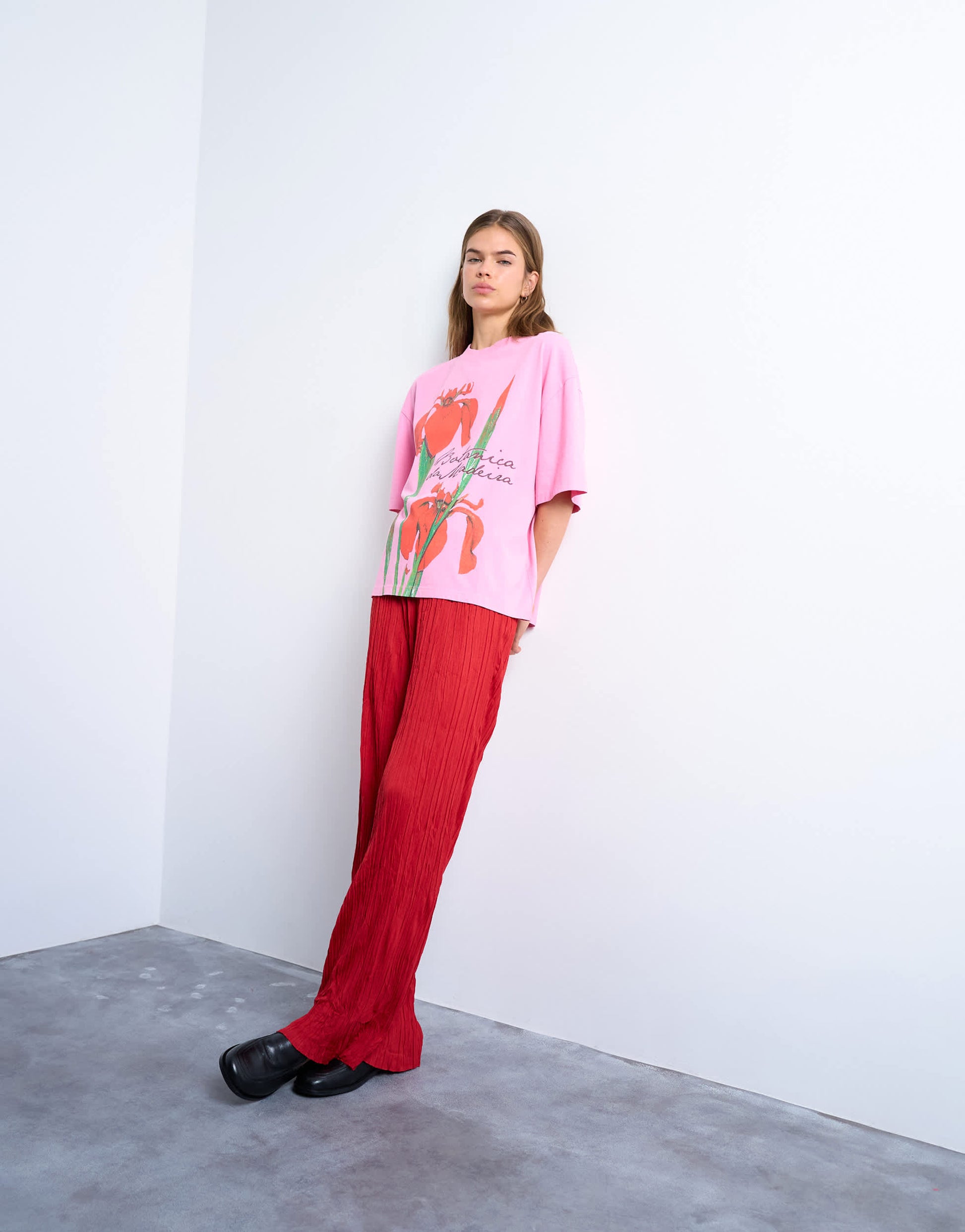 Topshop crinkle wide leg trousers in red