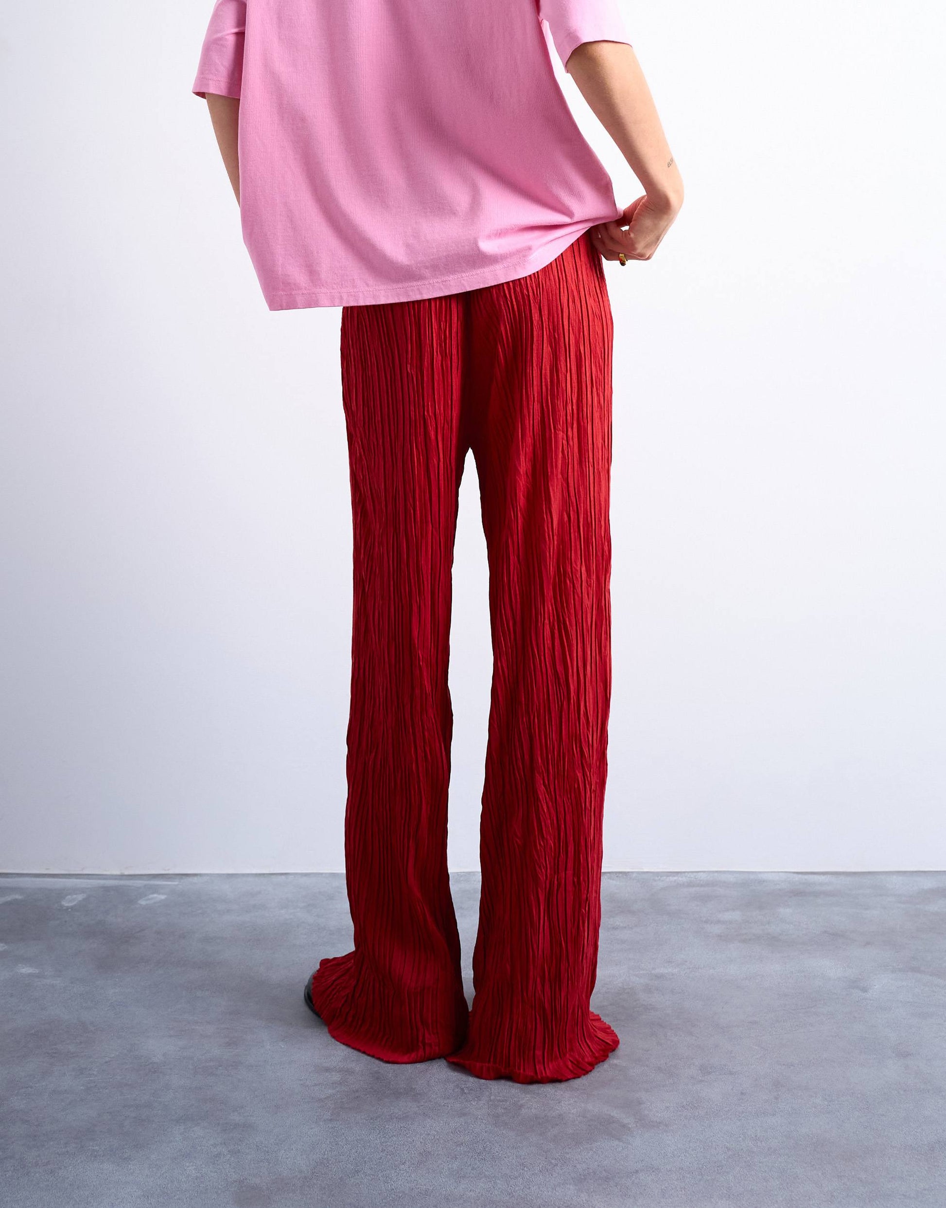 Topshop crinkle wide leg trousers in red