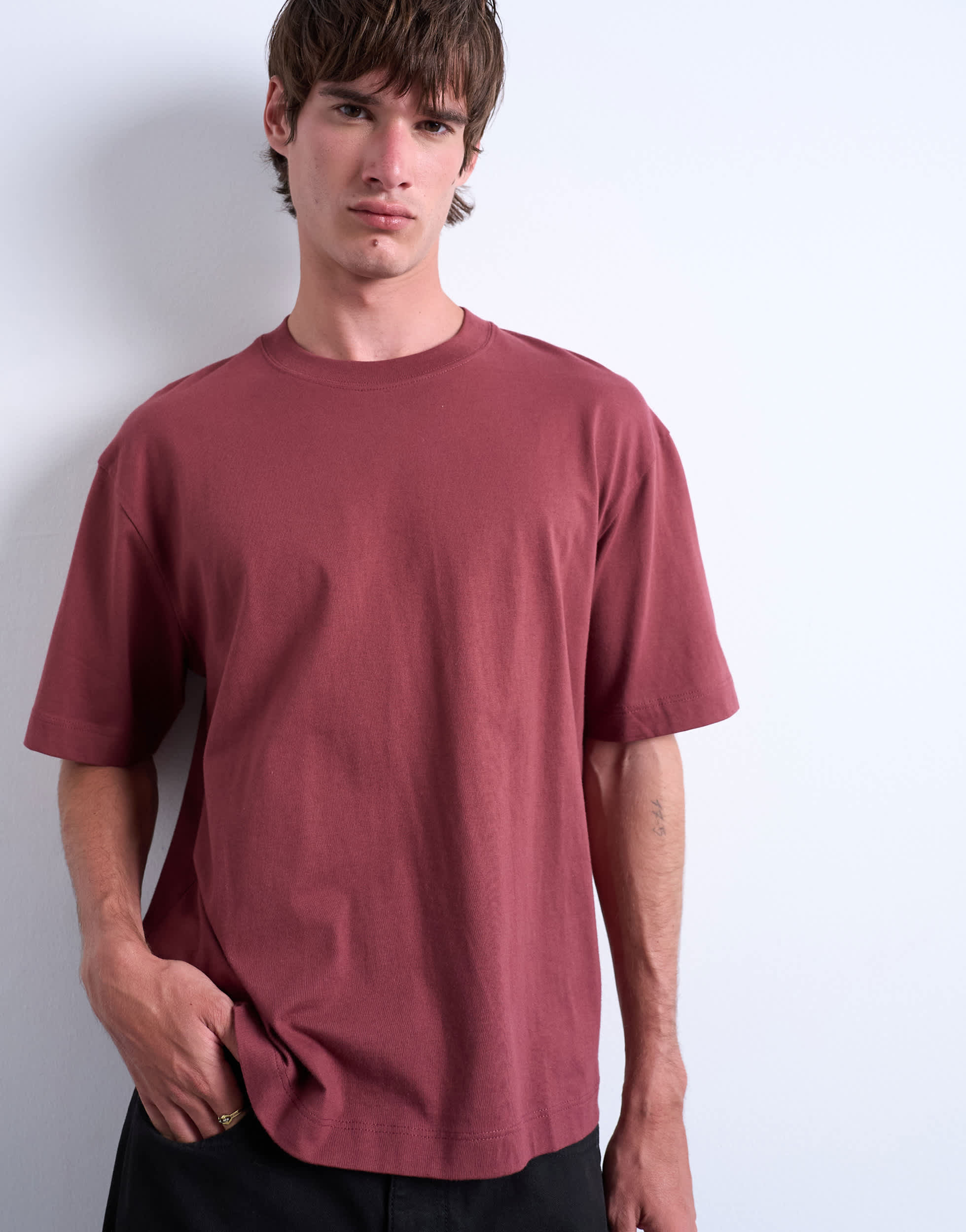 Topman cropped fit t-shirt in light burgundy