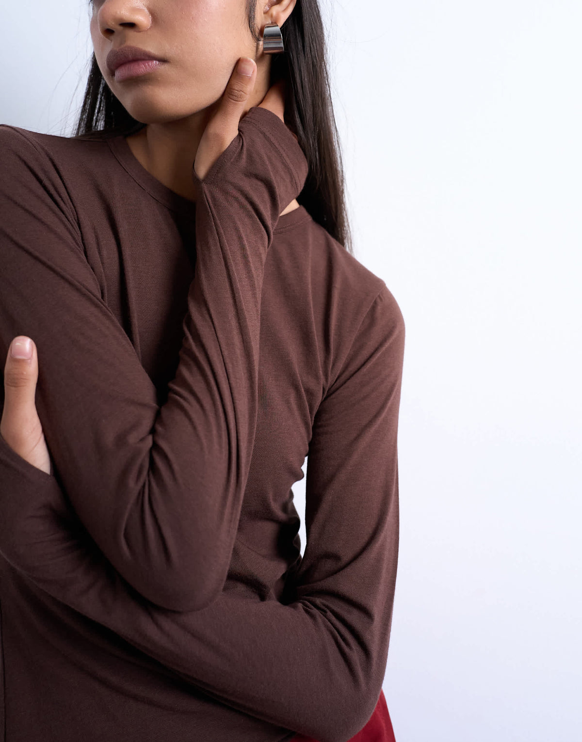 Topshop long sleeve crew neck superfine top in chocolate brown