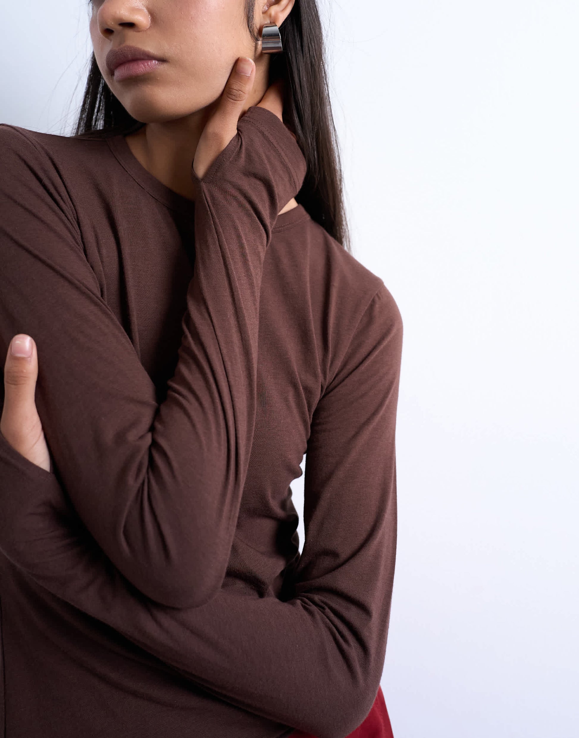 Topshop long sleeve crew neck superfine top in chocolate brown